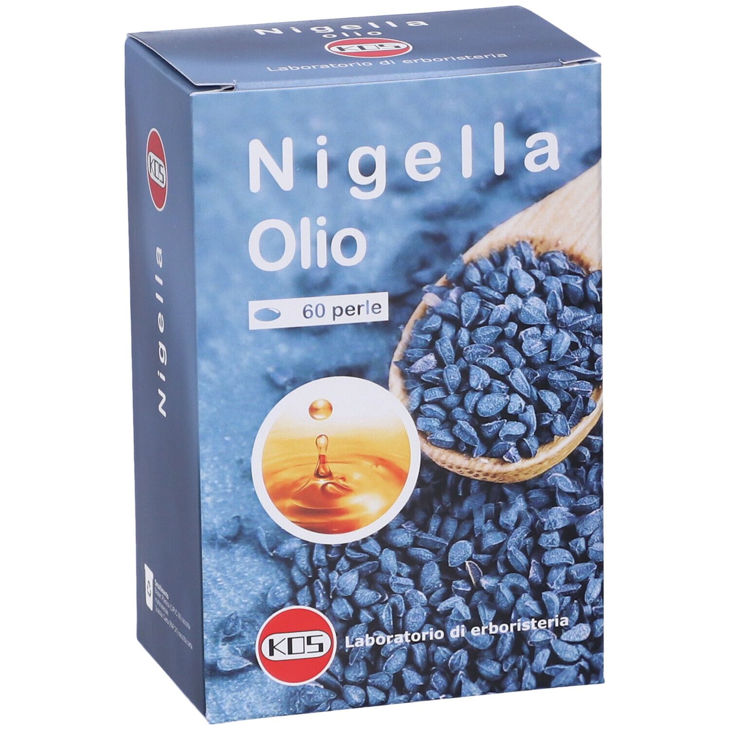 Scatola di Nigella Olio Perle. Scritta: 60 perle. Logo KOS e immagine del prodotto.