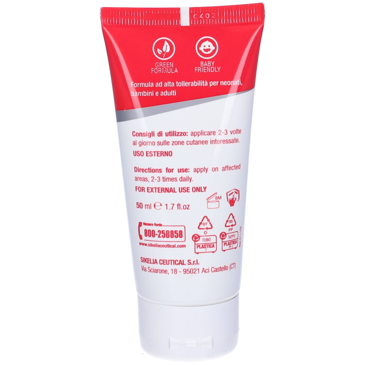Retro del tubo di crema. Testo con istruzioni e ingredienti.