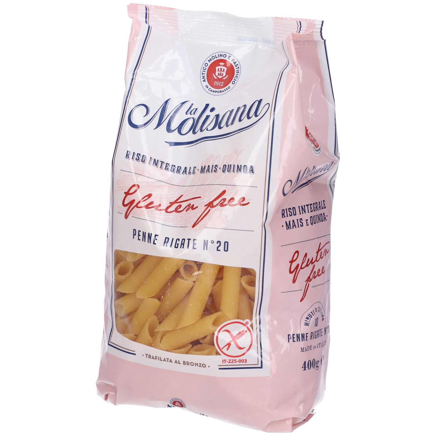 Confezione rosa di Penne Rigate. Finestra mostra pasta. Marca: La Molisana. Senza glutine. Testo: Riso Integrale, Mais, Quinoa.