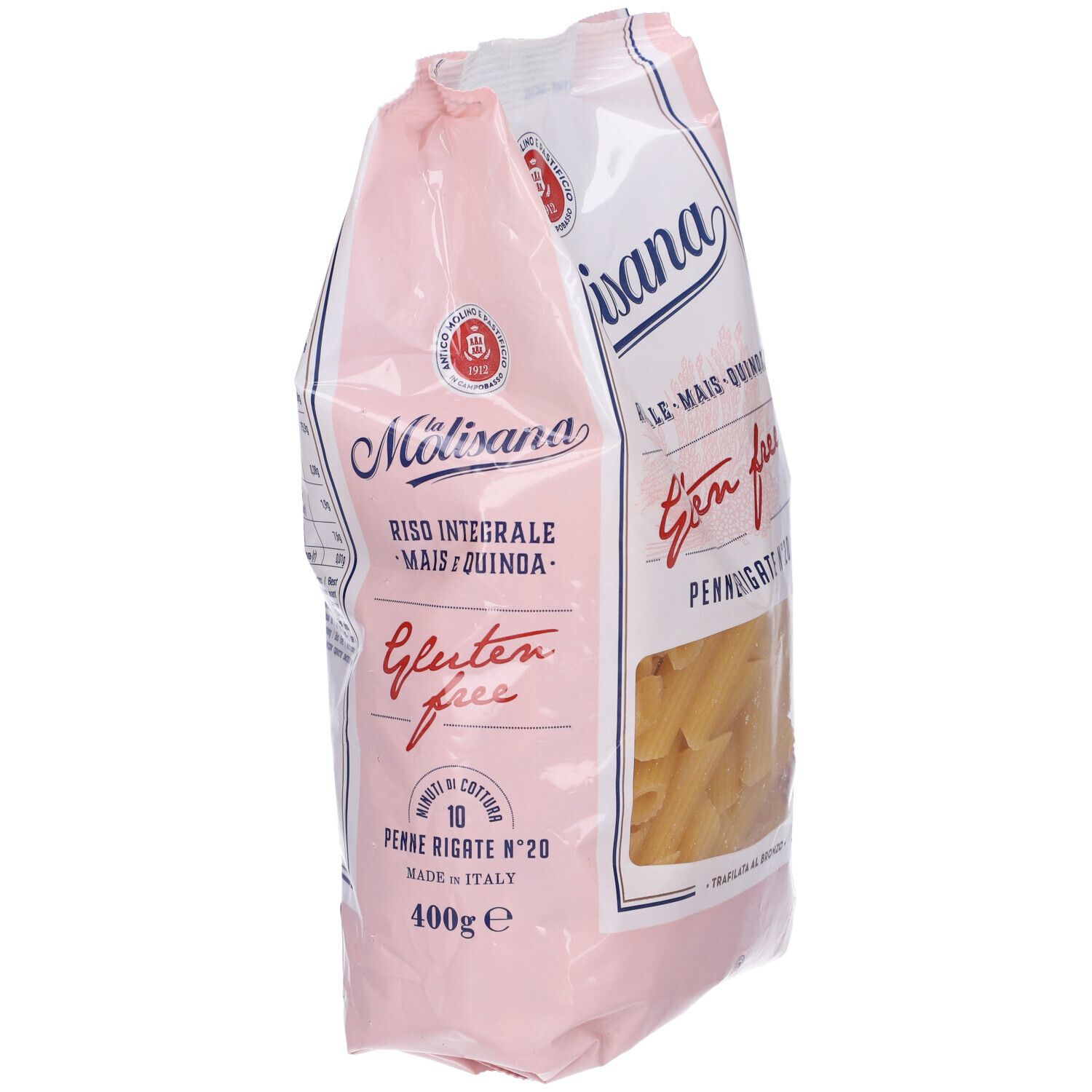 Confezione rosa di Penne Rigate. Marca: La Molisana. Senza glutine. Testo: Riso Integrale, Mais, Quinoa. 400g. Vista laterale.