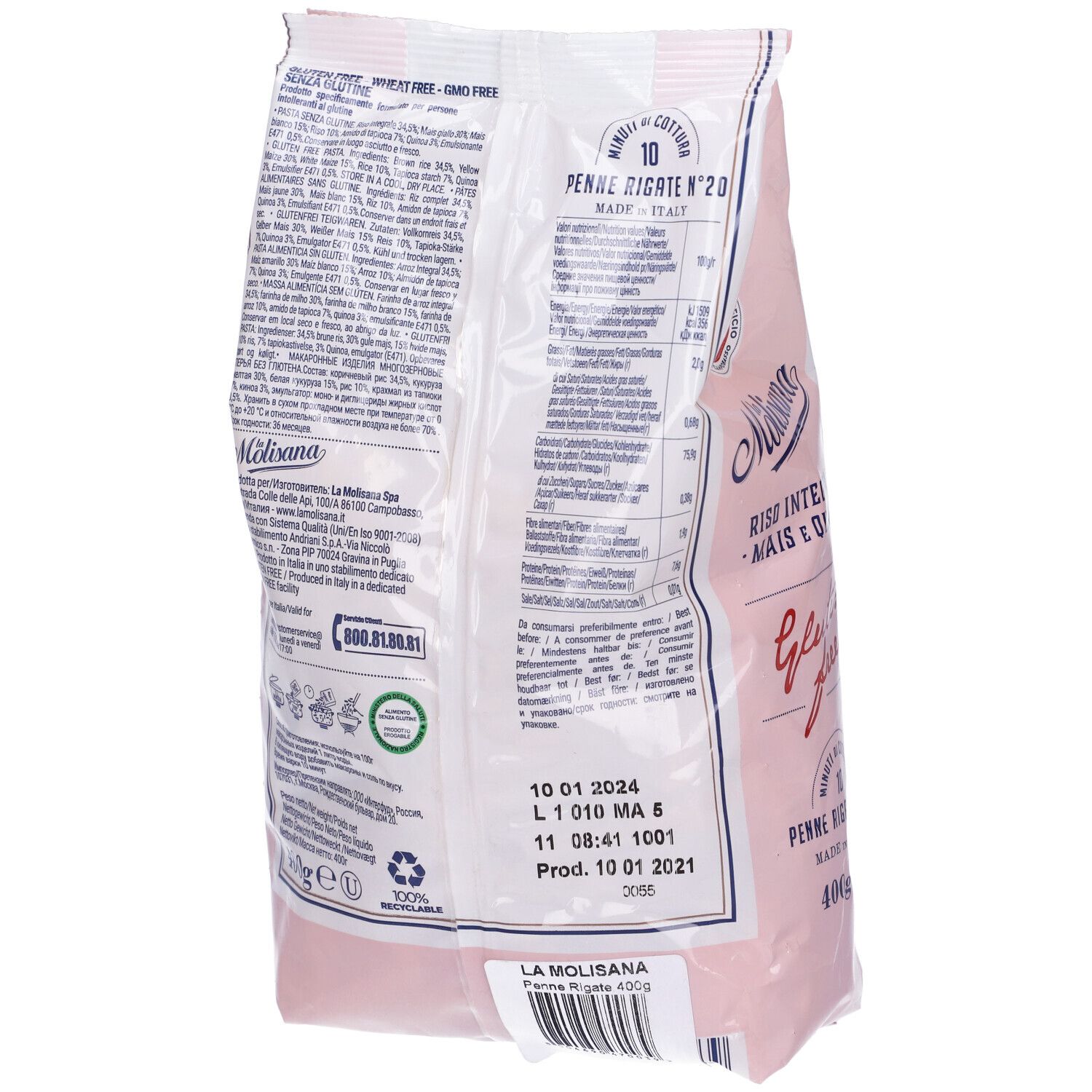 Retro della confezione di Penne Rigate. Marca: La Molisana. Testo: informazioni nutrizionali, ingredienti, simbolo riciclo, scadenza.