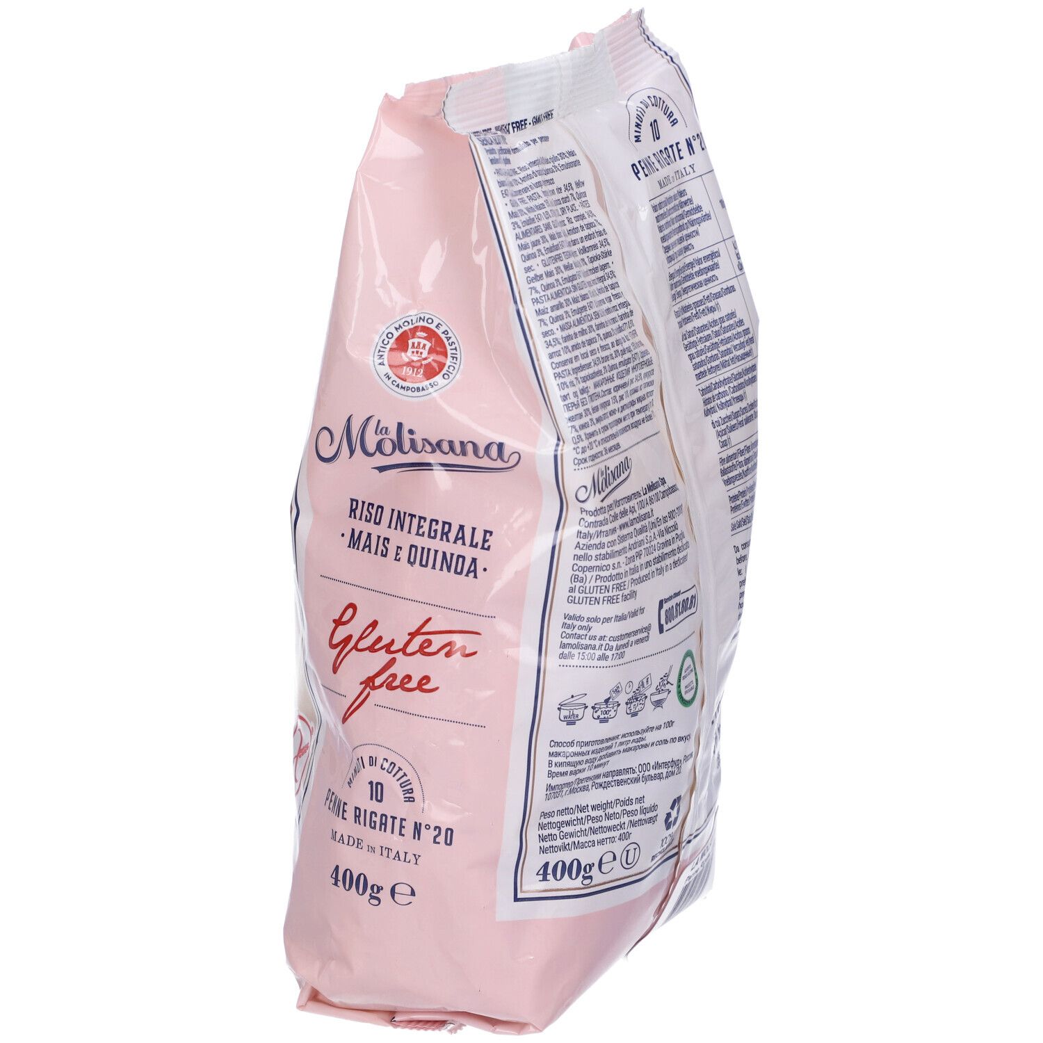 Confezione rosa di Penne Rigate. Marca: La Molisana. Senza glutine. Testo: Riso Integrale, Mais, Quinoa. 400g. Vista laterale.