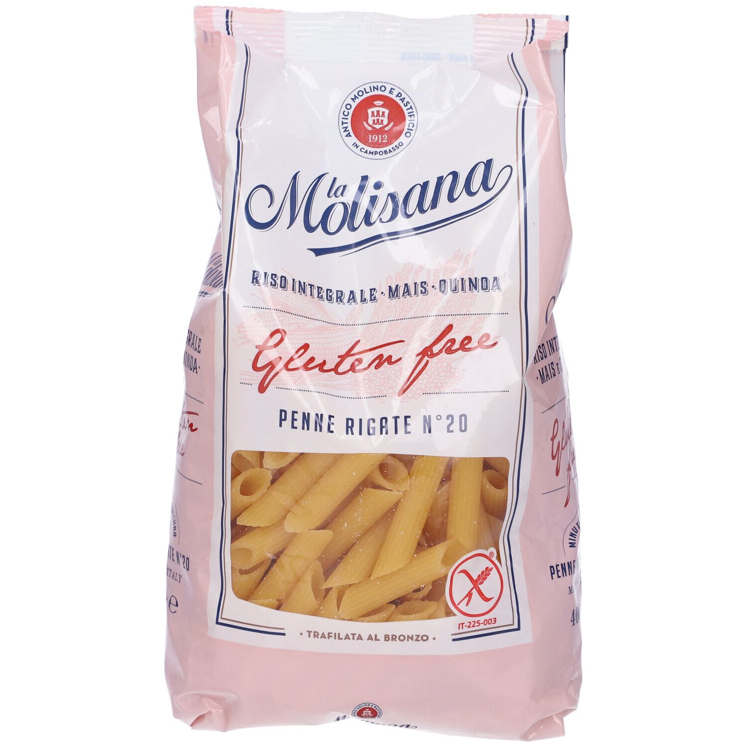 Confezione di Penne Rigate. Finestra mostra pasta. Marca: La Molisana. Senza glutine. Testo: Riso Integrale, Mais, Quinoa.