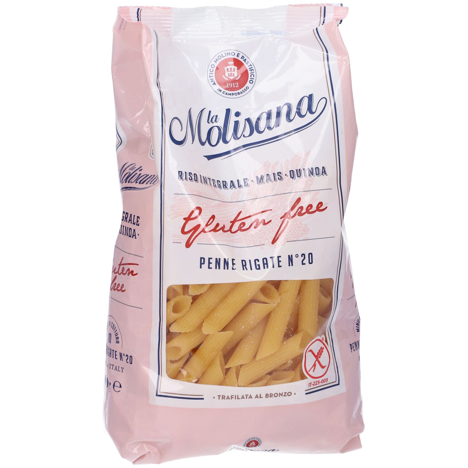 Confezione di Penne Rigate. Finestra mostra pasta. Marca: La Molisana. Senza glutine. Testo: Riso Integrale, Mais, Quinoa.