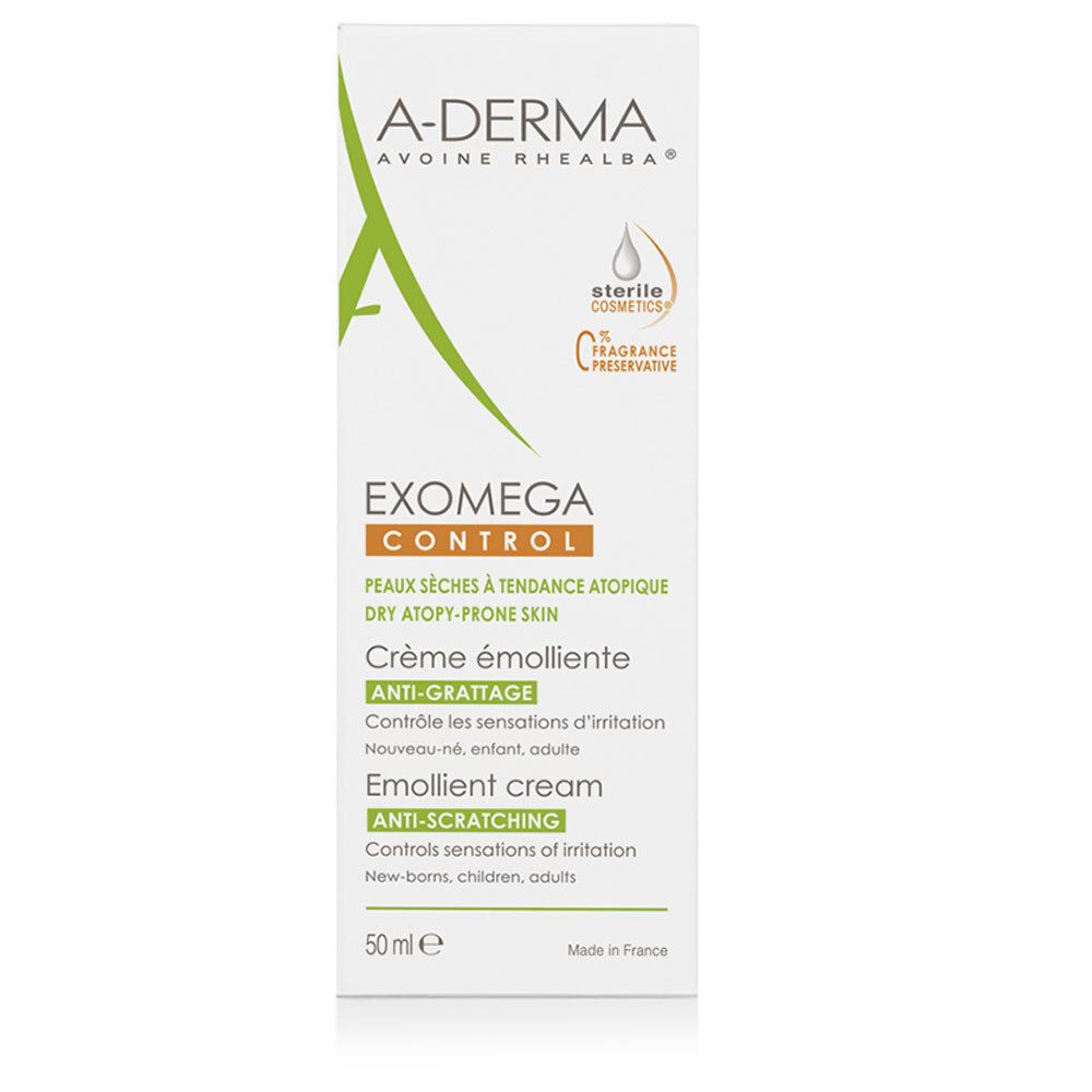 Confezione bianca A-Derma EXOMEGA CONTROL. Logo. Per pelli secche a tendenza atopica. 50 ml.