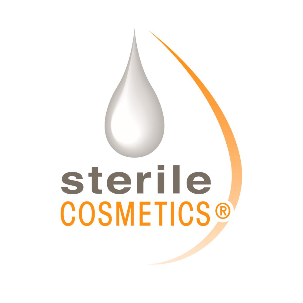 Logo con goccia e testo: Sterile Cosmetics. Accenti arancioni.