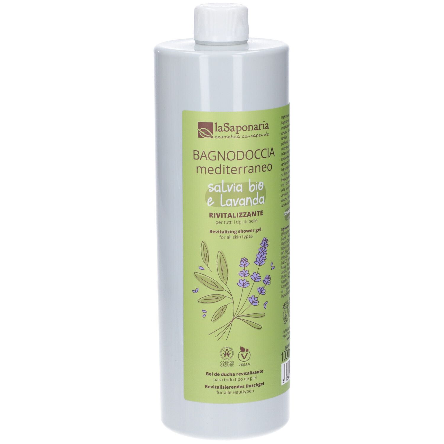 Flacone di LaSaponaria Bio Bagnodoccia Mediterraneo. L'etichetta mostra Salvia bio e Lavanda e un'illustrazione di lavanda.