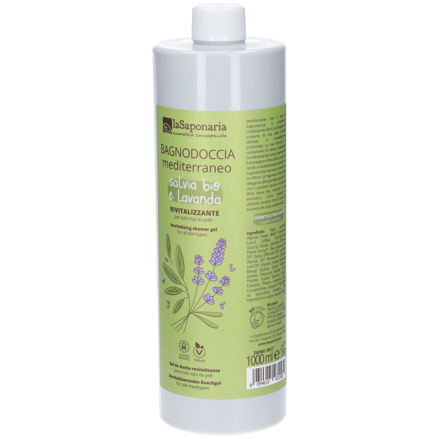 Flacone di LaSaponaria Bio Bagnodoccia Mediterraneo. L'etichetta mostra Salvia bio e Lavanda e un'illustrazione di lavanda.