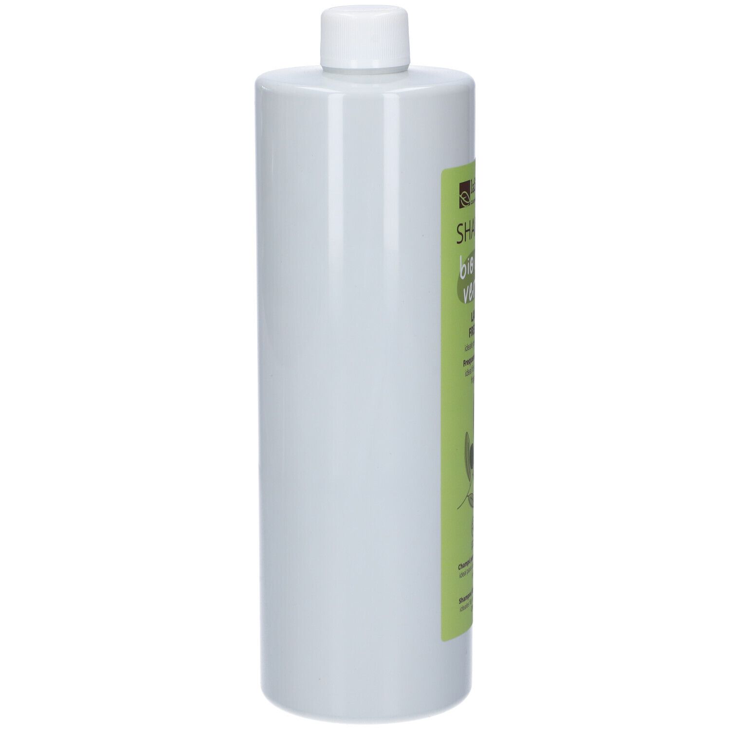 Flacone di shampoo cilindrico verde con tappo bianco. Etichetta parzialmente visibile.
