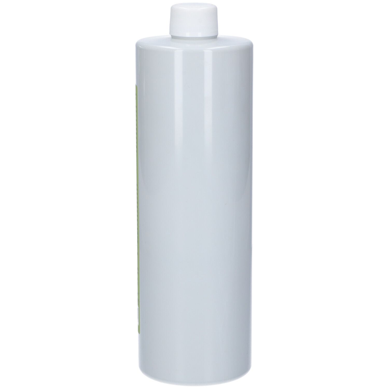 Flacone di shampoo cilindrico verde con tappo bianco. Vista laterale.