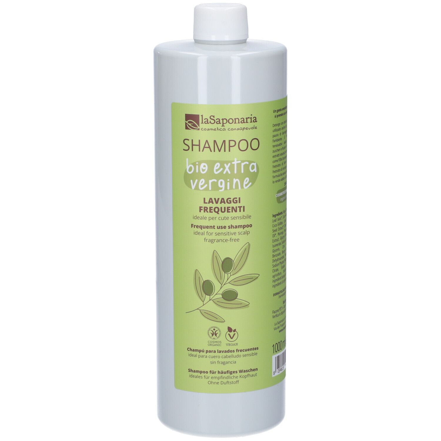 Flacone di shampoo verde con tappo bianco. Scritta: Shampoo Bio Extra Vergine Lavaggi Frequenti. 1000ml.