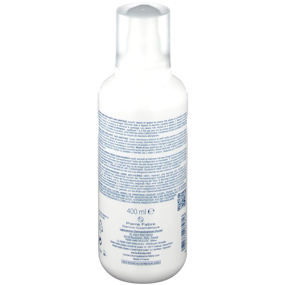 Flacone bianco con tappo trasparente. Scritta '400 ml e'. Vista posteriore. Contiene informazioni sulla composizione e l'uso.