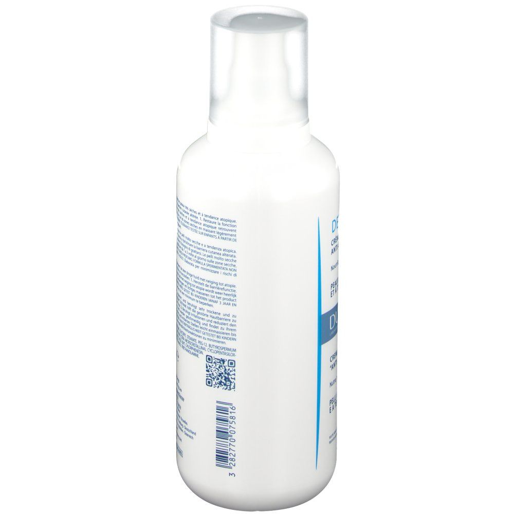 Flacone bianco con tappo trasparente. Scritte blu e bianche. Contiene informazioni sulla composizione e l'uso. Codice QR.