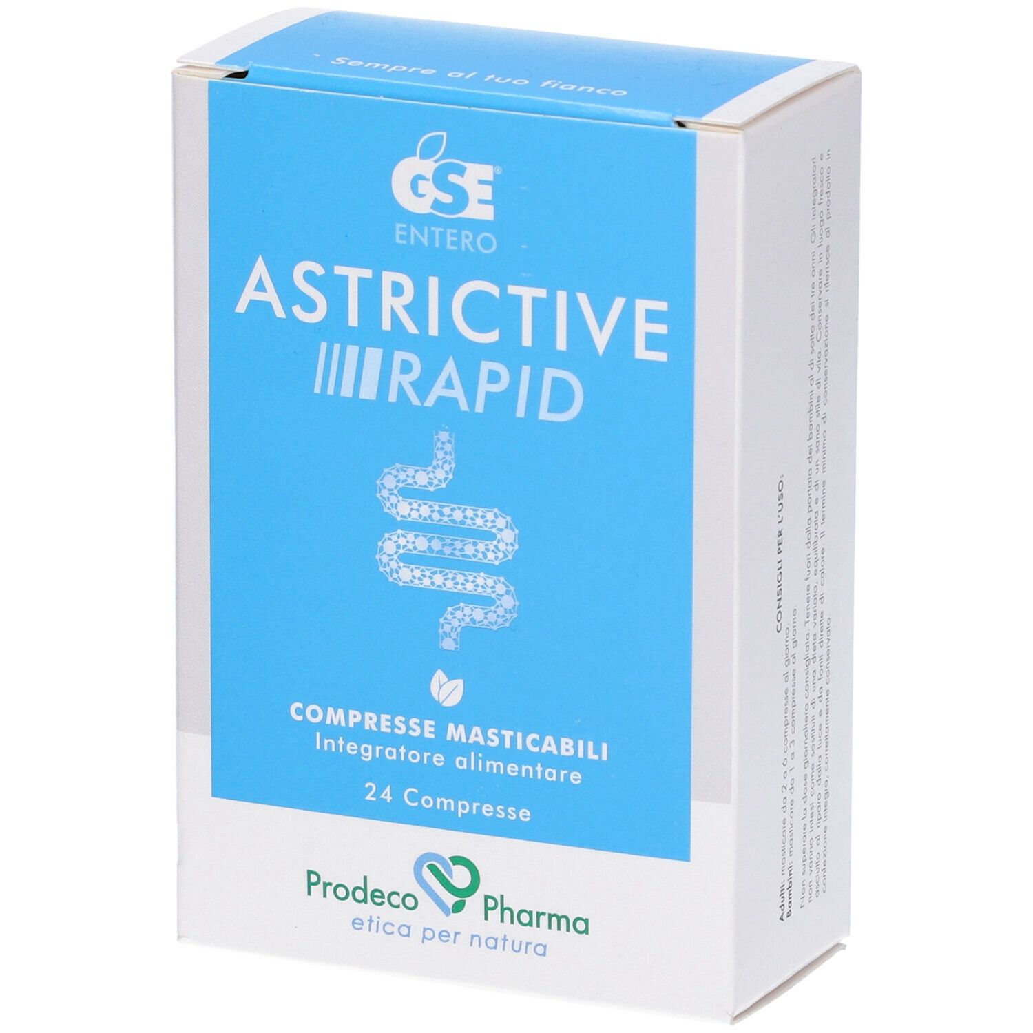 Scatola con fronte blu. Scritta: GSE Entero Astrictive Rapid, 24 compresse masticabili. Marchio Prodeco Pharma.
