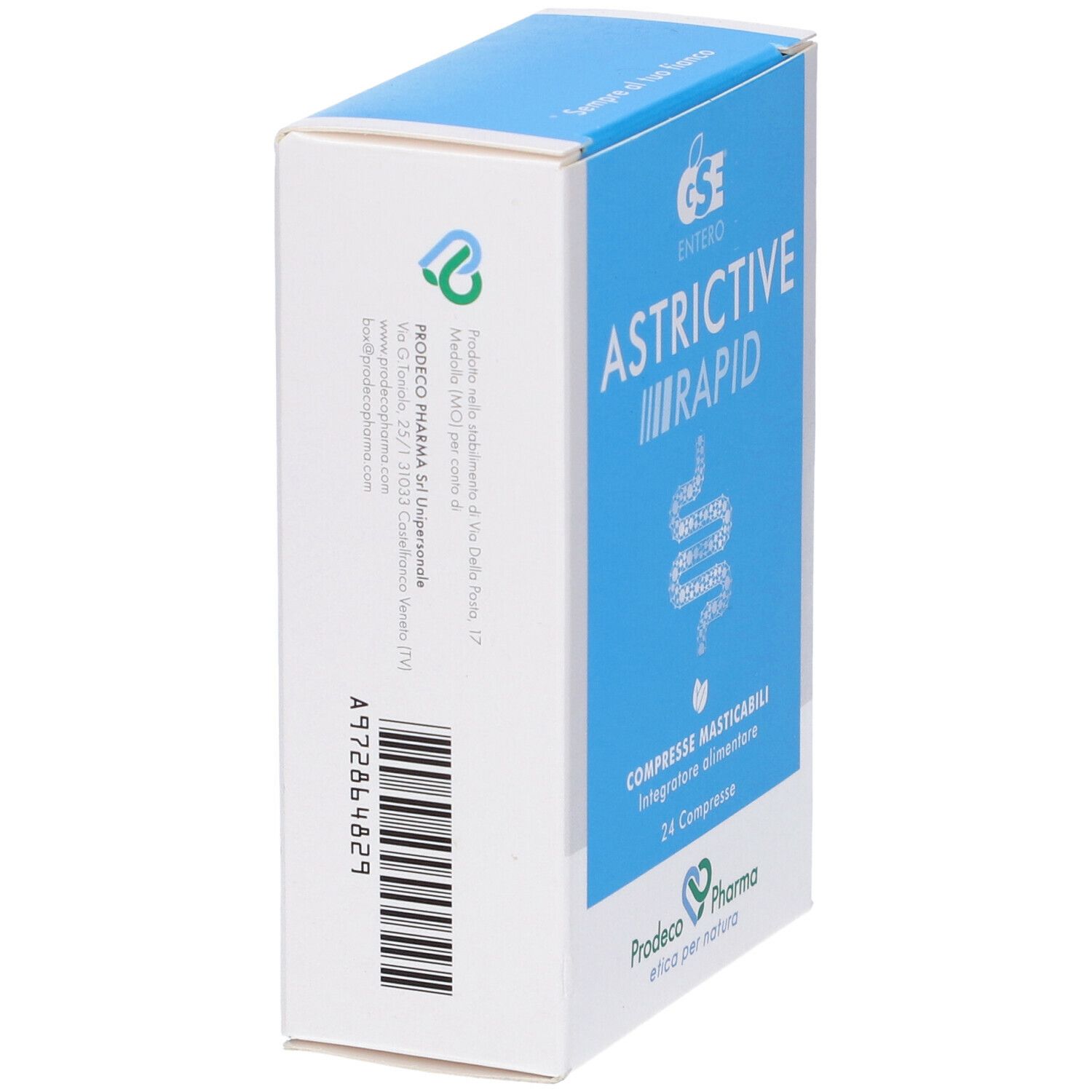 Scatola, vista laterale. Scritta: GSE Entero Astrictive Rapid. Retro con ingredienti e informazioni nutrizionali.