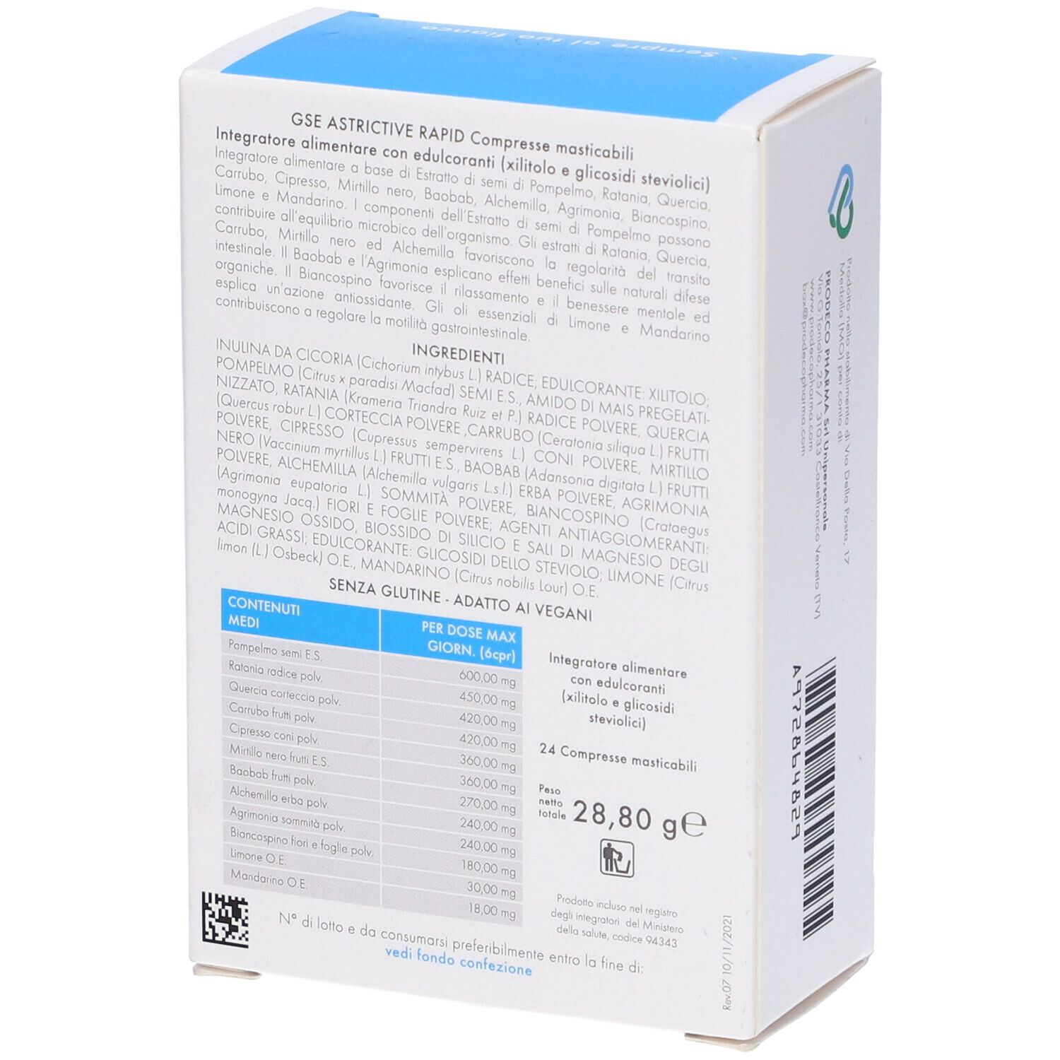 Retro della confezione. Contiene ingredienti, informazioni nutrizionali e informazioni su GSE Astrictive Rapid.