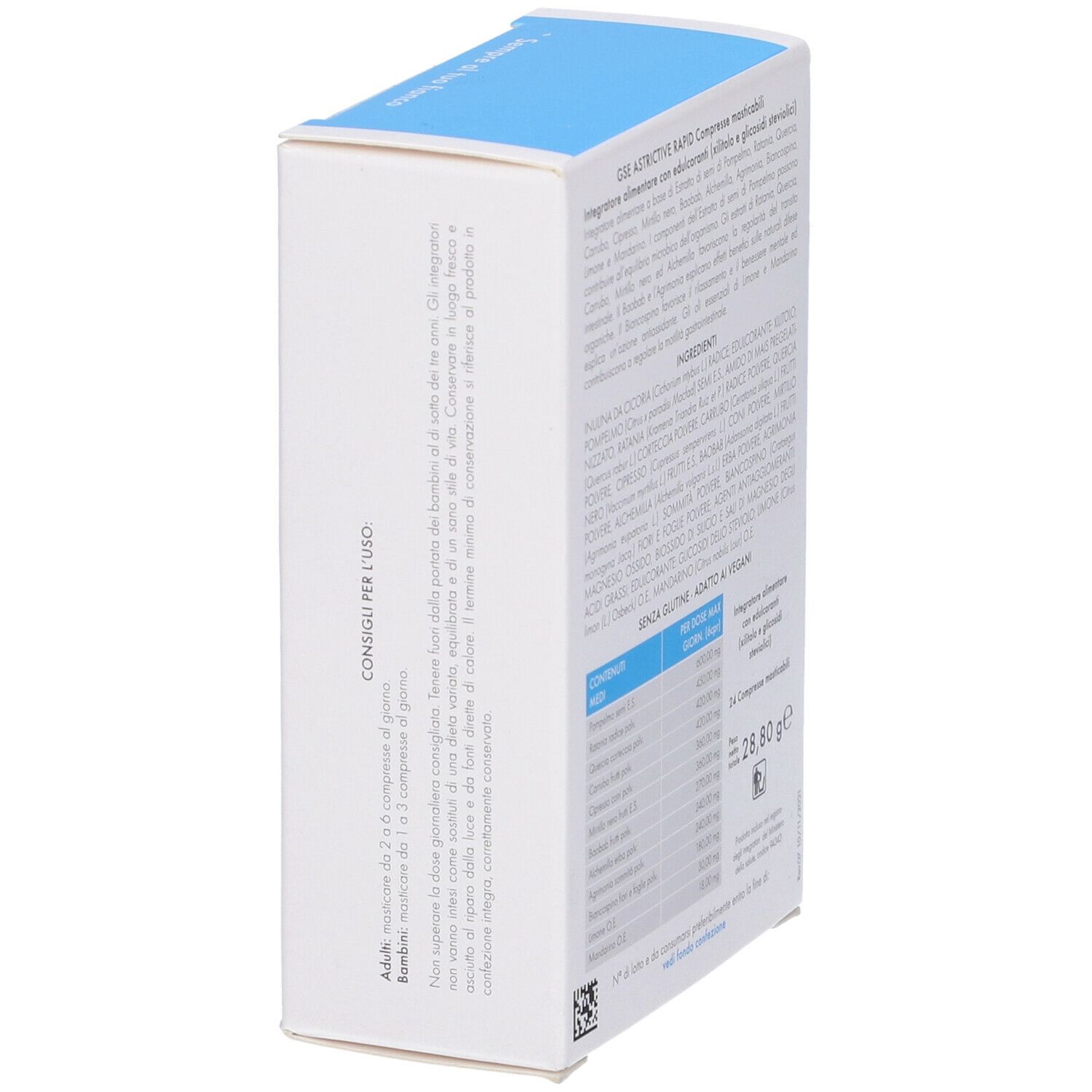 Vista laterale della confezione. Contiene informazioni su GSE Astrictive Rapid e informazioni nutrizionali.