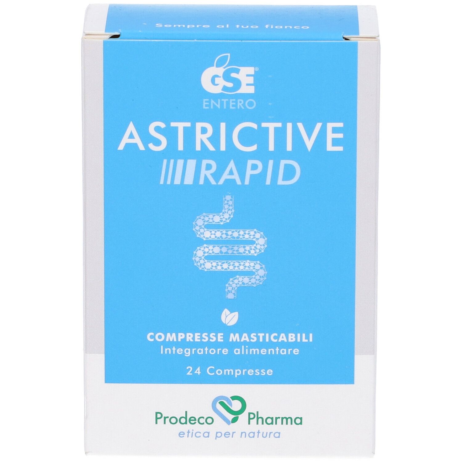 Scatola con fronte blu. Scritta: GSE Entero Astrictive Rapid, 24 compresse masticabili. Marchio Prodeco Pharma.