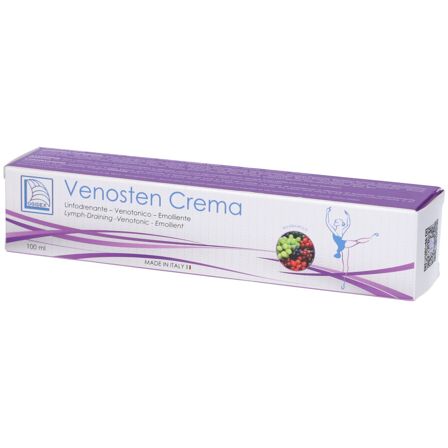 Confezione di Venosten Crema. Scatola bianca e viola con nome del prodotto e illustrazione. Prodotto in Italia.