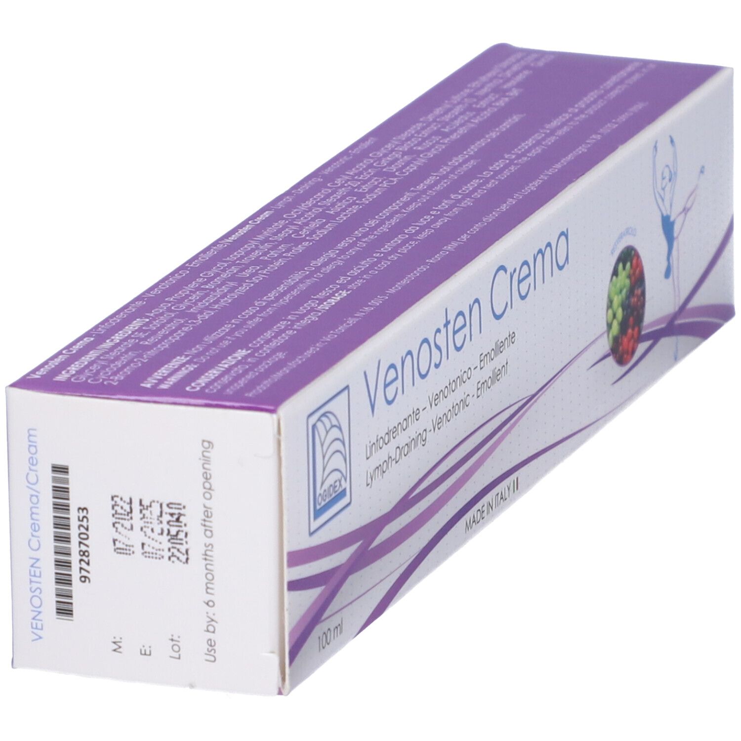 Confezione di Venosten Crema. Scatola con informazioni sul prodotto, numero di lotto e data di scadenza. Prodotto in Italia.