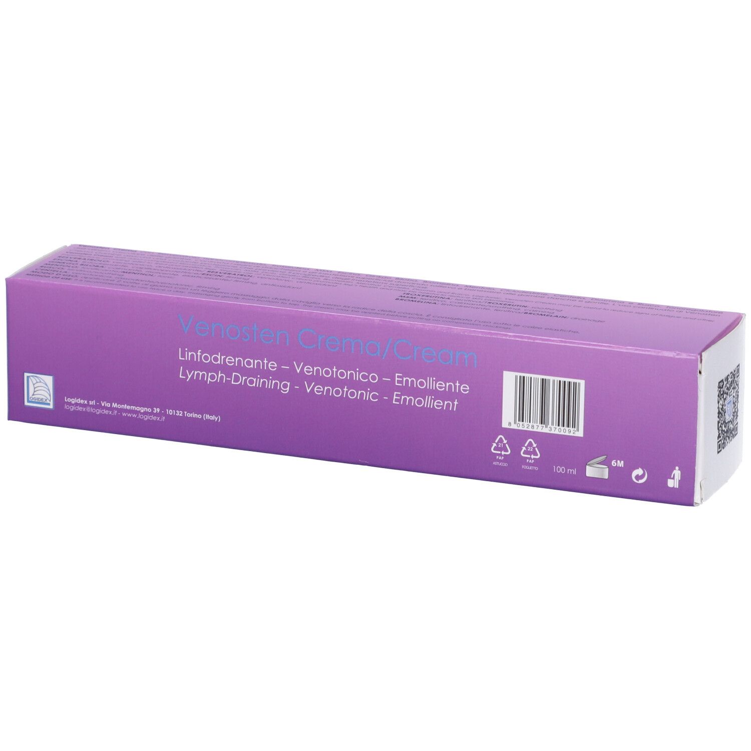 Confezione di Venosten Crema. Scatola viola con informazioni sul prodotto e codice a barre. Prodotto in Italia.