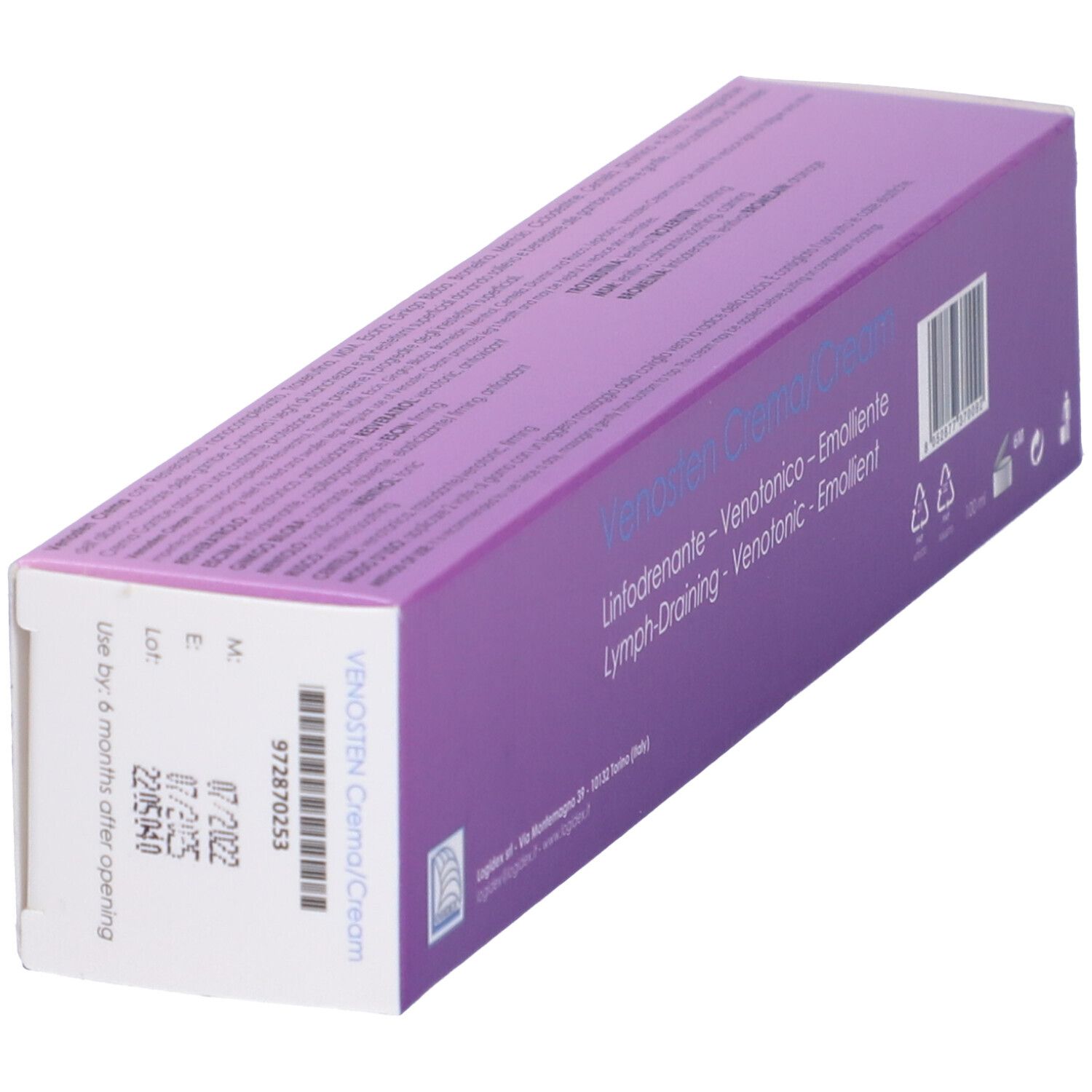 Confezione di Venosten Crema. Scatola con informazioni sul prodotto e codice a barre. Prodotto in Italia.