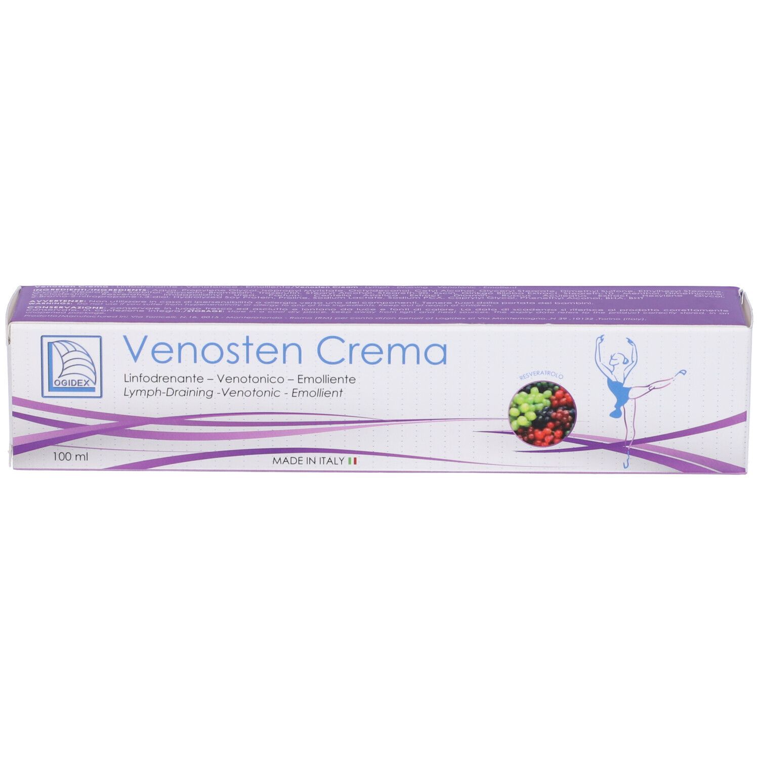 Confezione di Venosten Crema. Scatola bianca e viola con nome del prodotto e illustrazione. Prodotto in Italia.