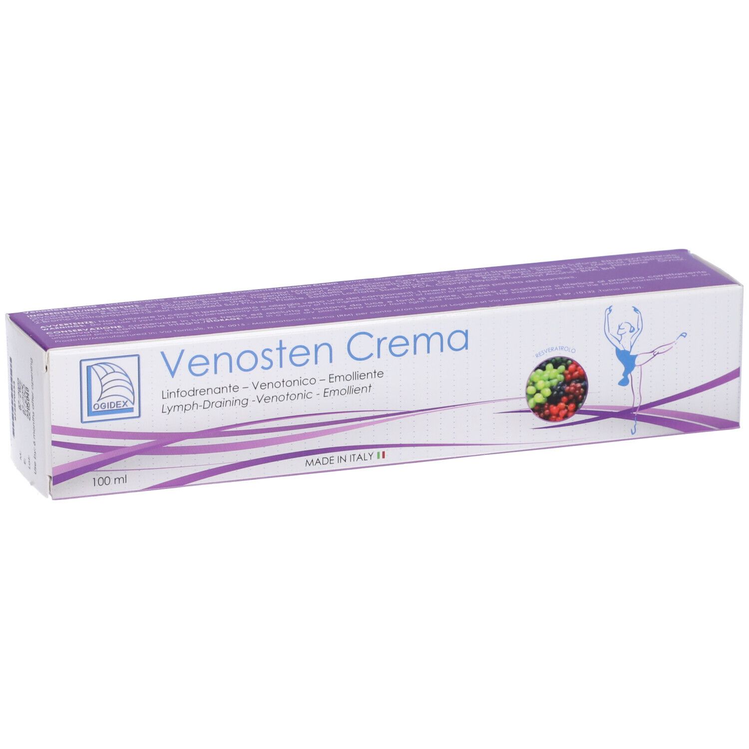 Confezione di Venosten Crema. Scatola bianca e viola con nome del prodotto e illustrazione. Prodotto in Italia.