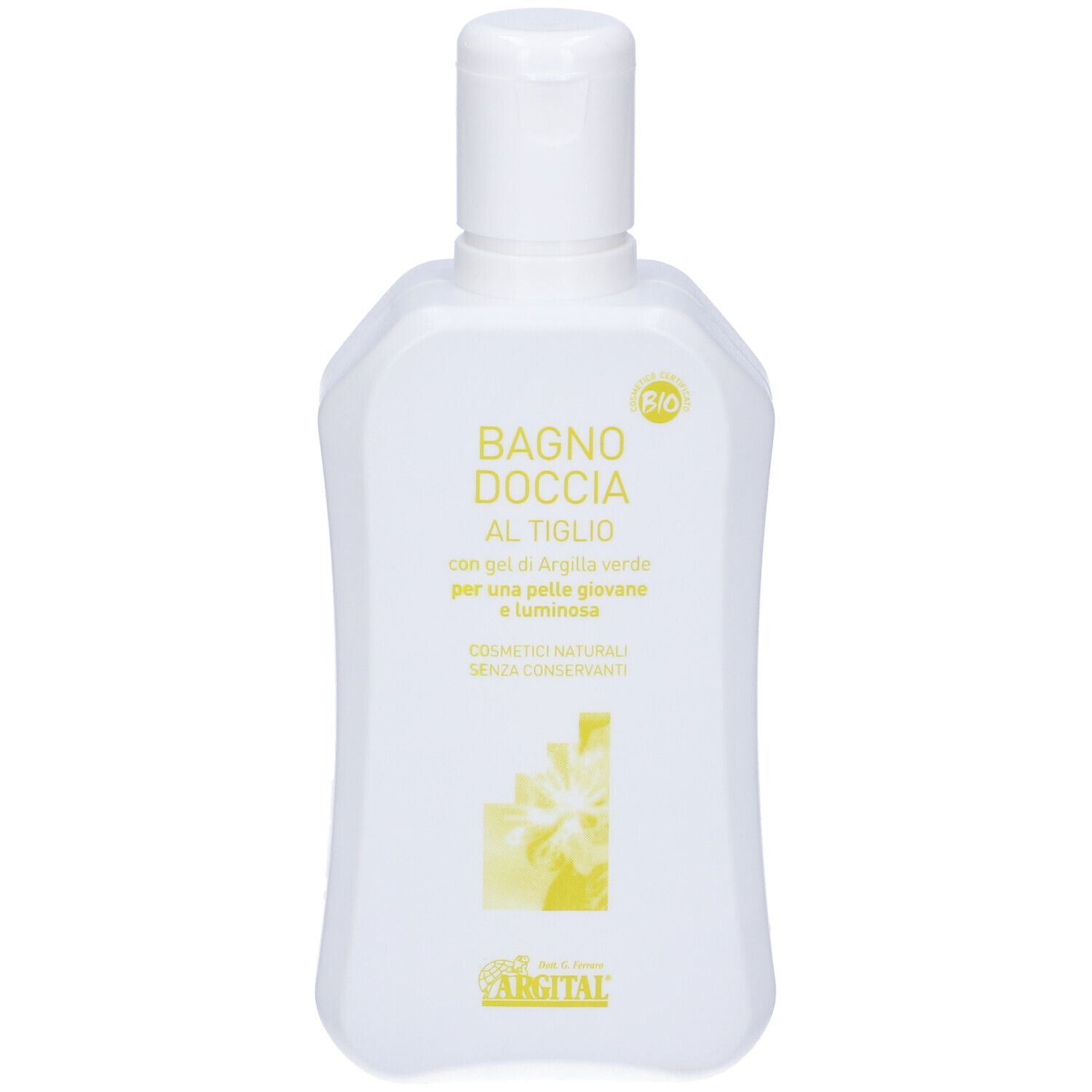 Flacone bianco con testo: Bagno Doccia al Tiglio, logo Argital e marchio Bio. Contiene gel di argilla verde.