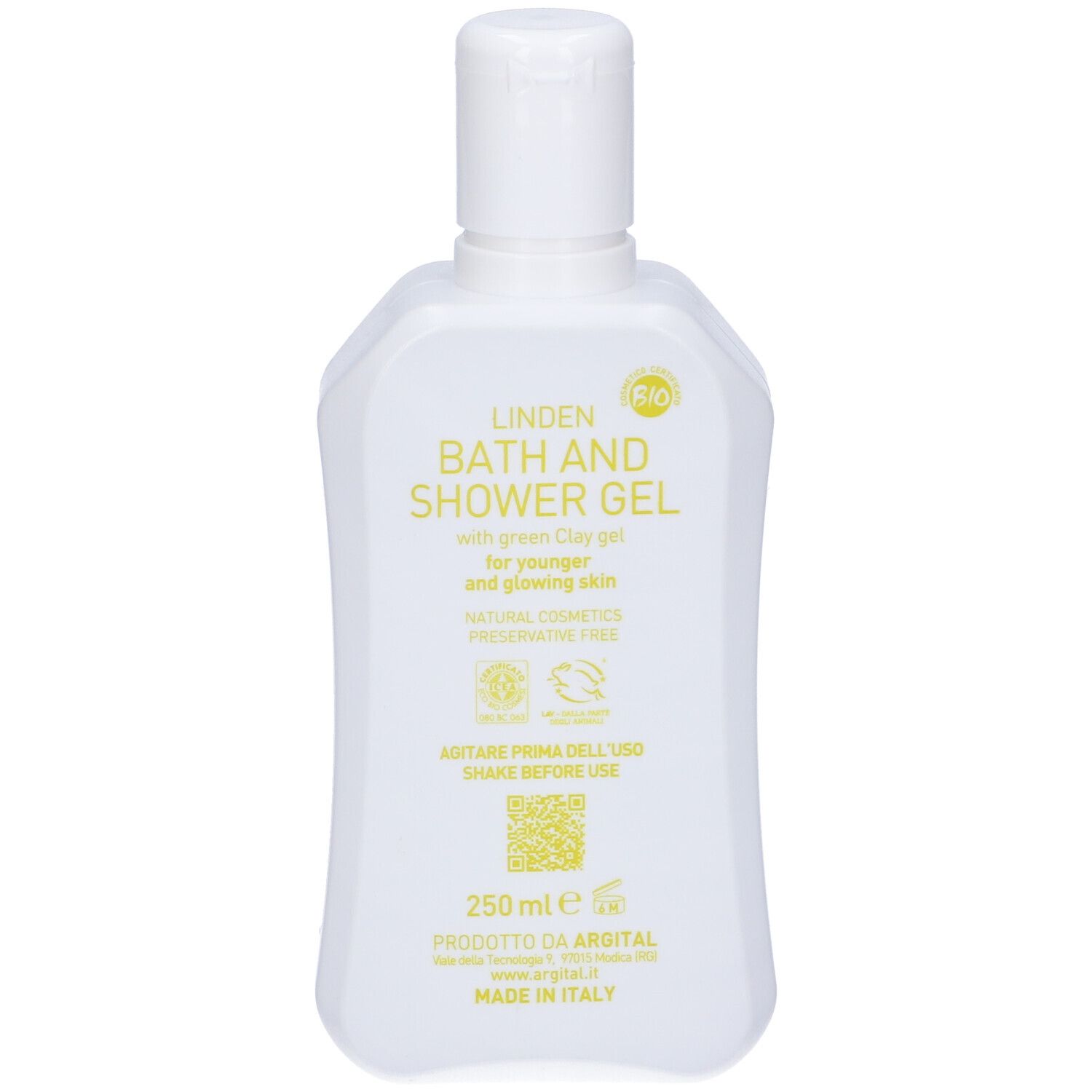 Flacone bianco con testo: Linden Bath and Shower Gel, logo Argital, marchio Bio. Con gel di argilla verde.