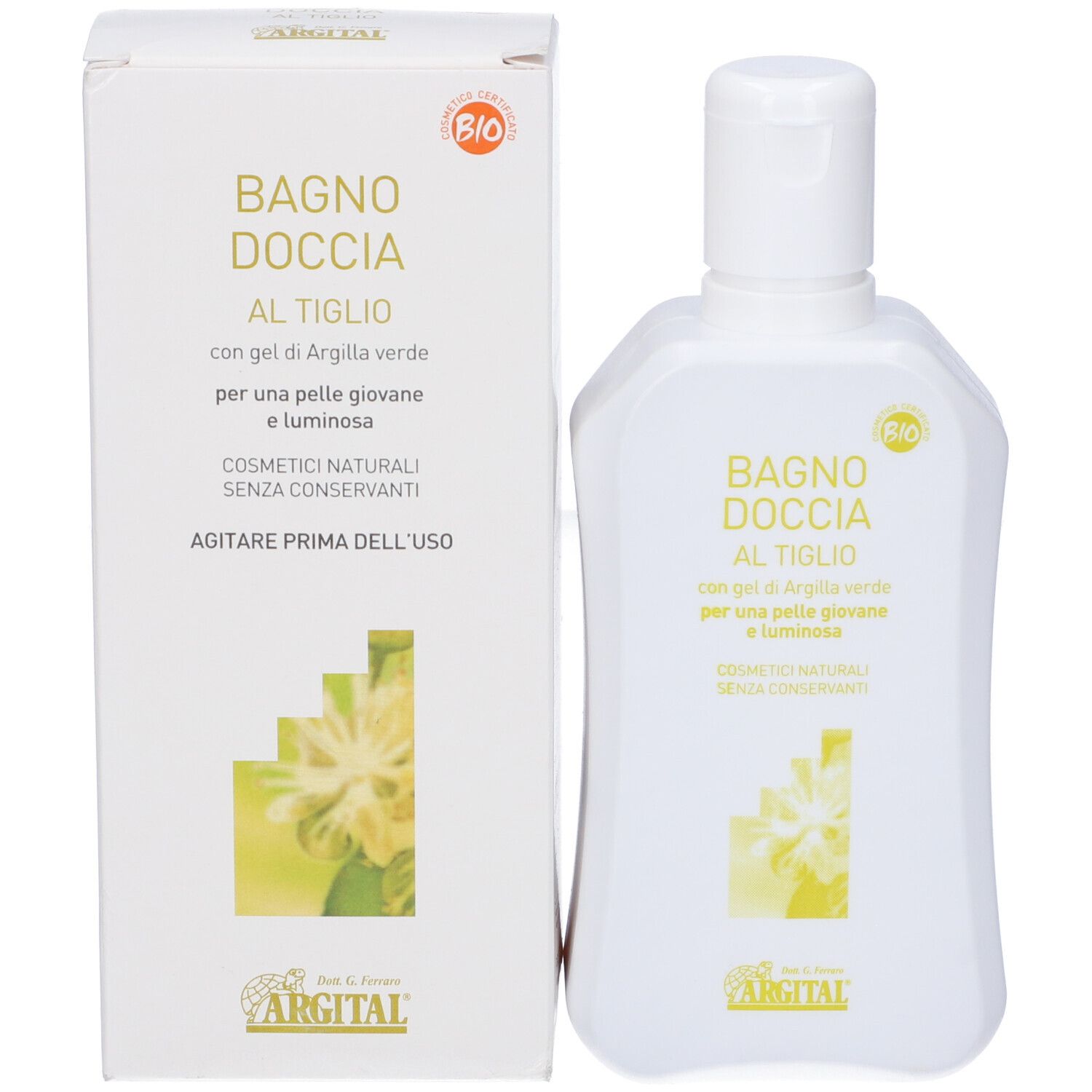 Flacone e scatola bianchi con testo. Scritto: Bagno Doccia al Tiglio, logo Argital e marchio Bio. Gel di argilla verde.