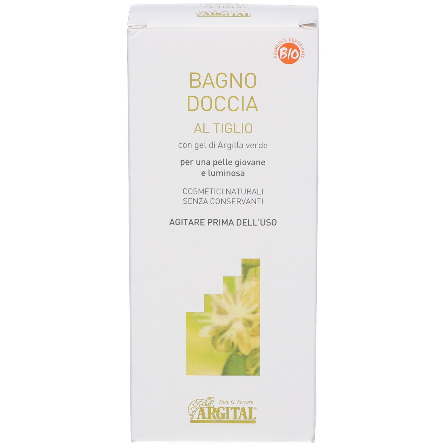 Scatola con testo: Bagno Doccia al Tiglio, logo Argital e marchio Bio. Contiene gel di argilla verde.