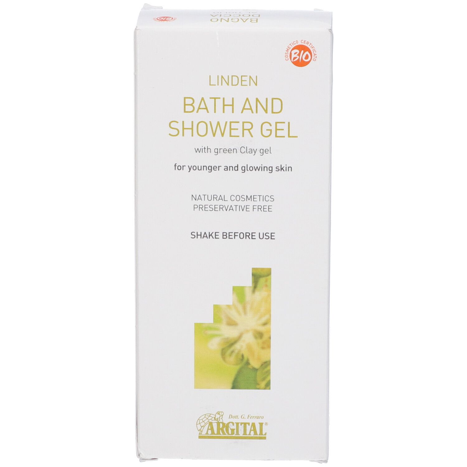 Scatola con testo: Linden Bath and Shower Gel, logo Argital, marchio Bio. Con gel di argilla verde.