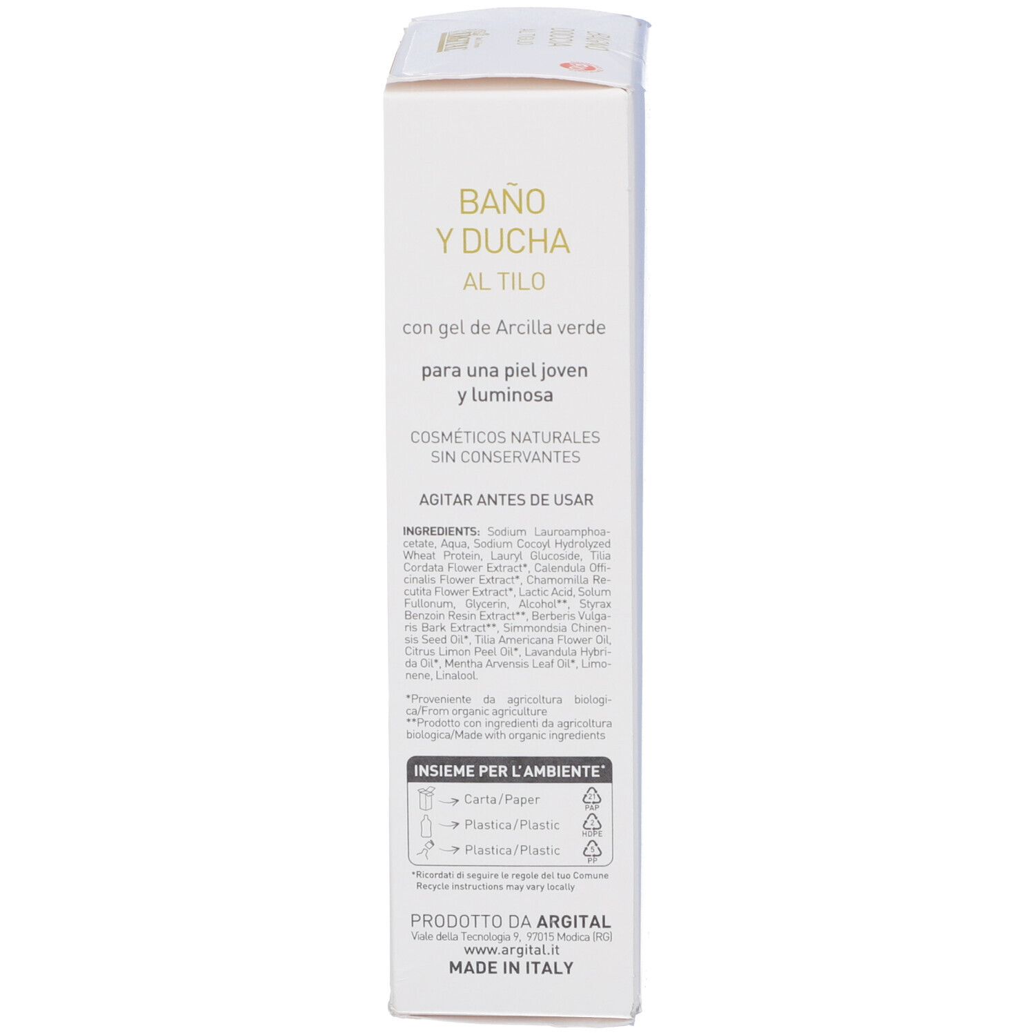 Lato scatola con ingredienti e informazioni. Scritto: Baño y Ducha al Tilo, logo Argital. Prodotto in Italia.
