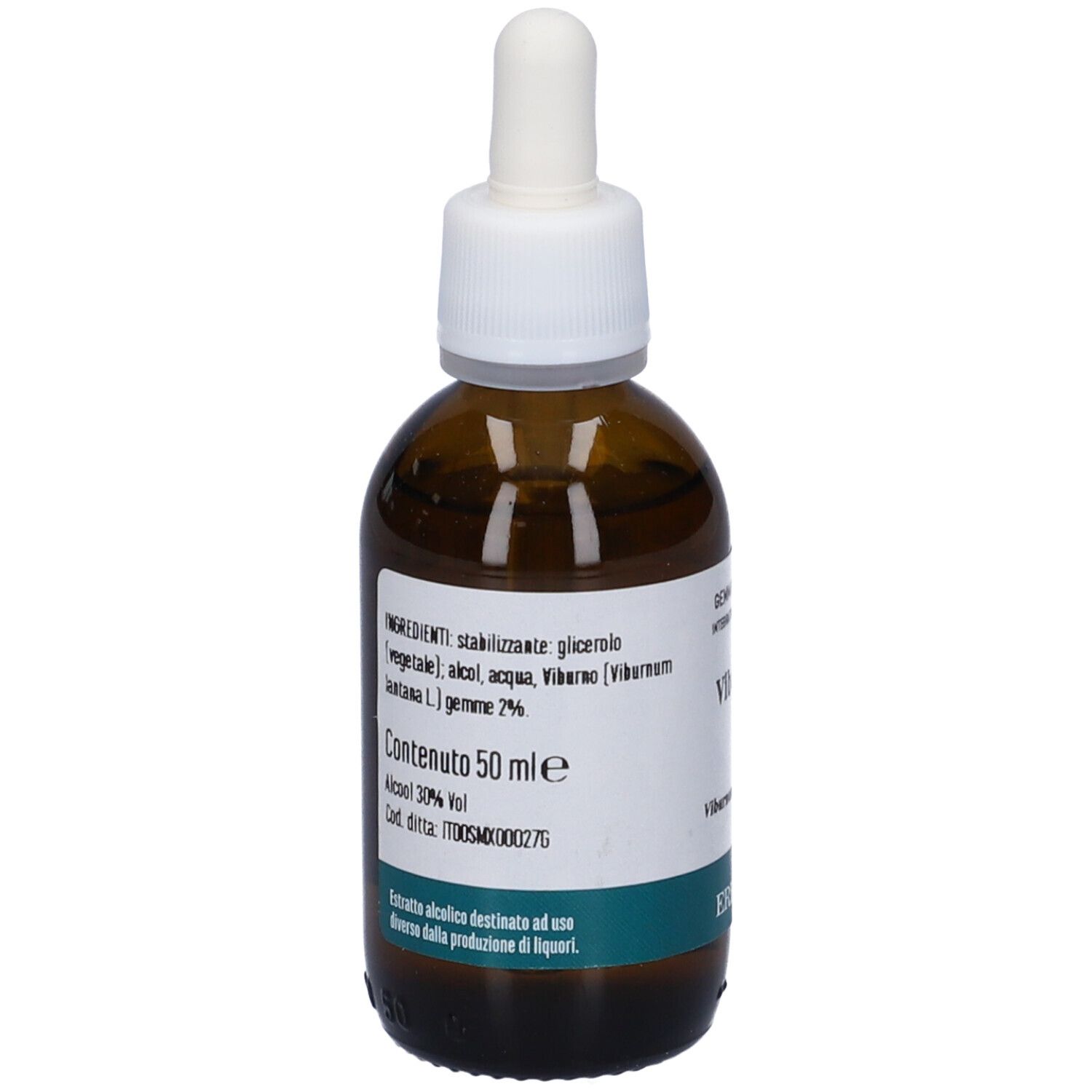 Flacone in vetro marrone con tappo bianco e pipetta. Etichetta con testo: Ingredienti, 50 ml, Erba Vita.