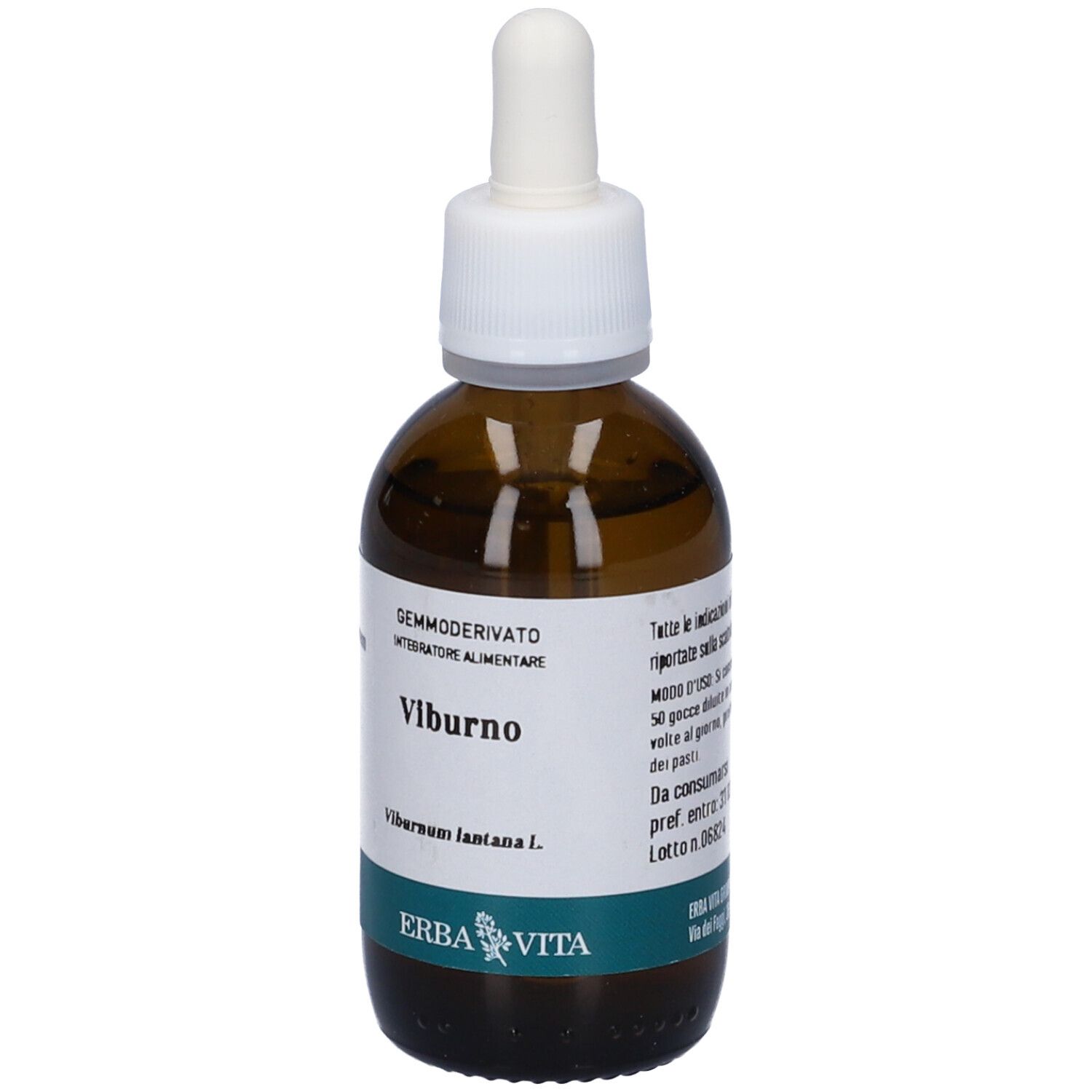 Flacone in vetro marrone con tappo bianco e pipetta. Etichetta con testo: Viburno, Erba Vita.