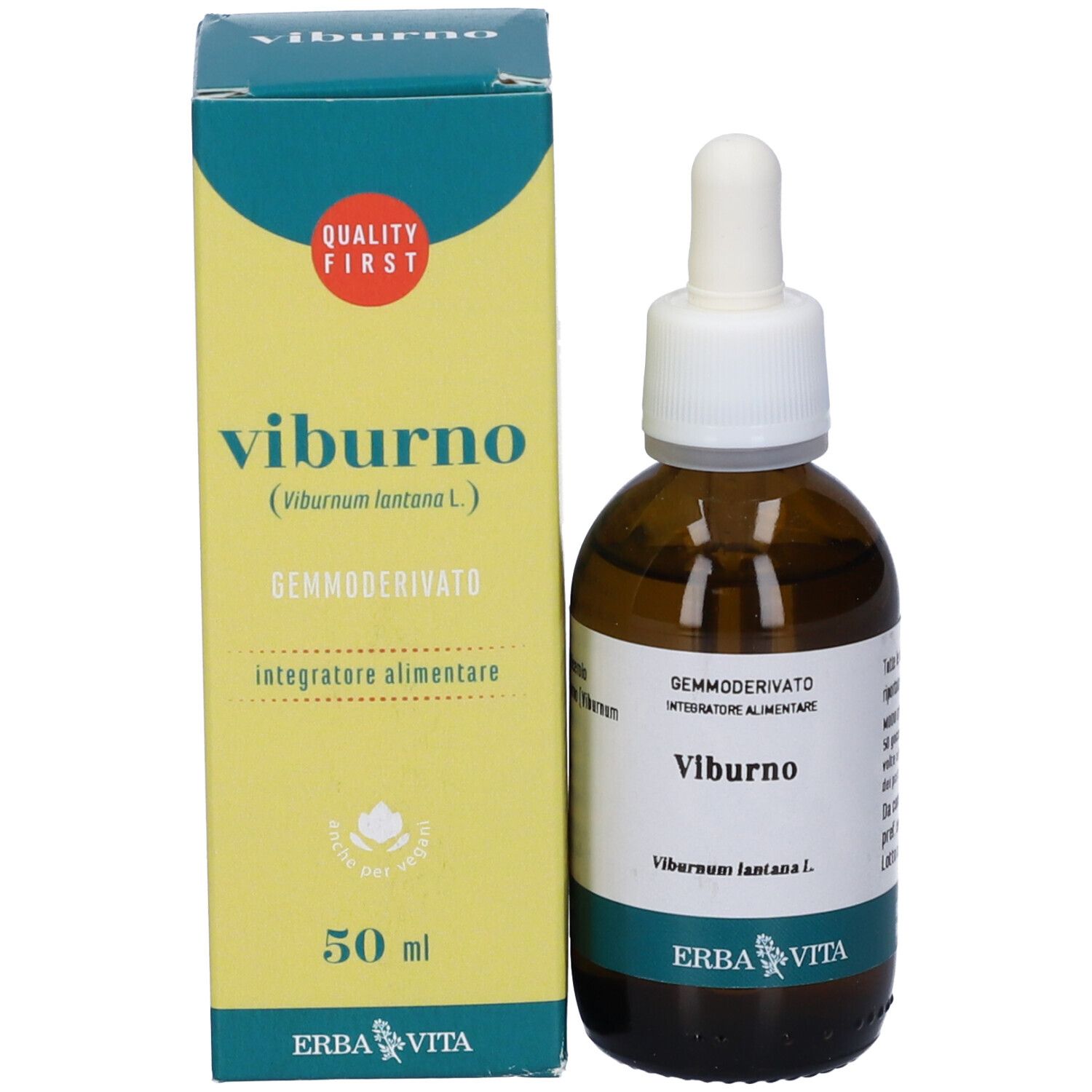 Confezione del prodotto con flacone e pipetta. Testo: Viburno, 50 ml, Erba Vita. Marchio di qualità.