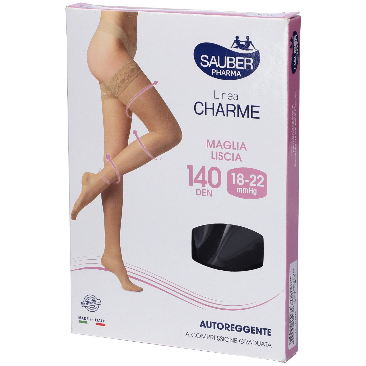 Confezione di calze. Sauber Pharma, linea Charme, Maglia Liscia, 140 den, 18-22 mmHg. Calza nera autoreggente.