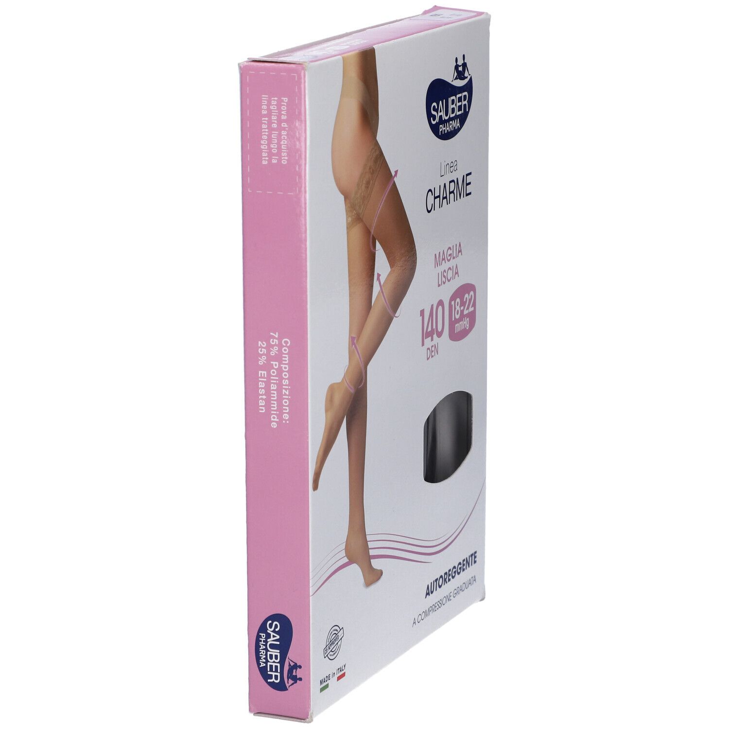 Confezione di calze. Sauber Pharma, linea Charme, Maglia Liscia, 140 den, 18-22 mmHg. Vista laterale della confezione.