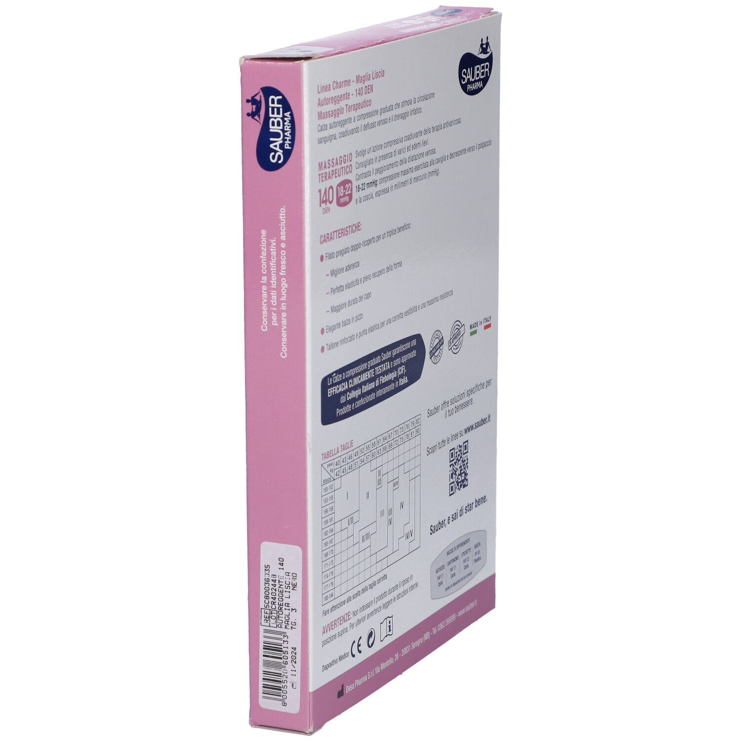 Vista laterale della confezione con informazioni. Sauber Pharma, linea Charme, Maglia Liscia, 140 den, 18-22 mmHg.
