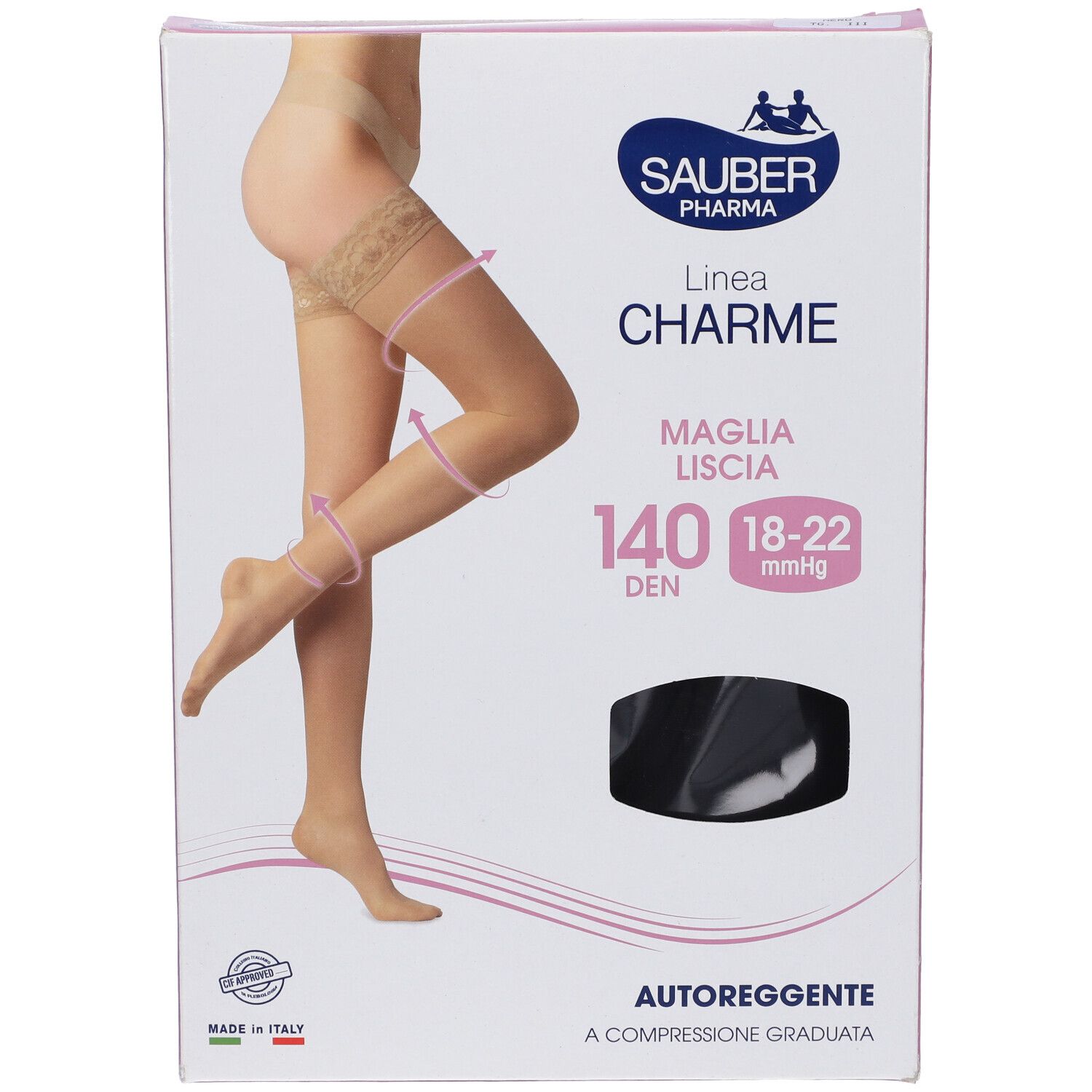 Confezione di calze. Sauber Pharma, linea Charme, Maglia Liscia, 140 den, 18-22 mmHg. Calza nera autoreggente.