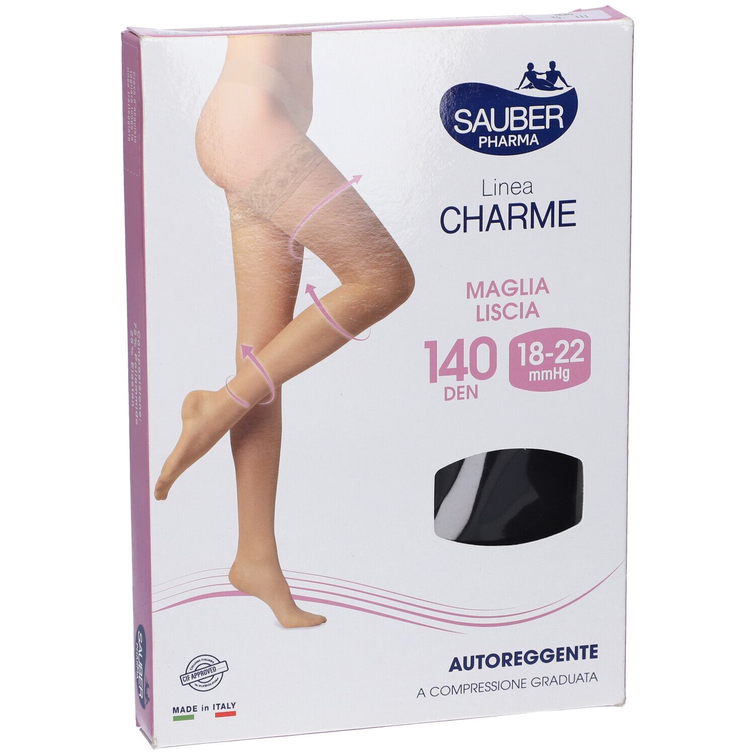 Confezione di calze. Sauber Pharma, linea Charme, Maglia Liscia, 140 den, 18-22 mmHg. Calza nera autoreggente.