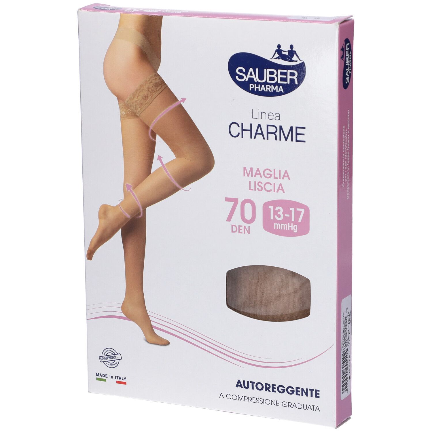 Confezione calze Sauber Pharma, linea Charme, modello Autoreggente Maglia Liscia 70 Den. Colore Camel. Immagine di calze.