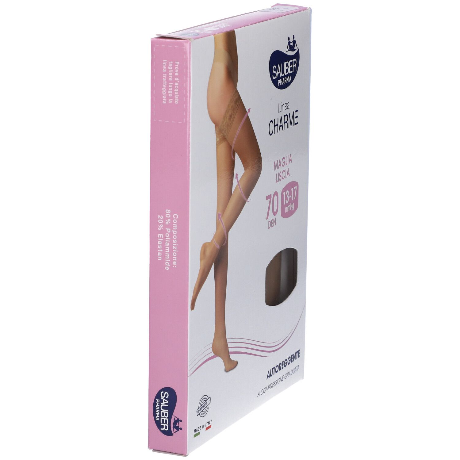 Confezione calze Sauber Pharma, linea Charme, modello Autoreggente Maglia Liscia 70 Den. Colore Camel. Immagine di calze.