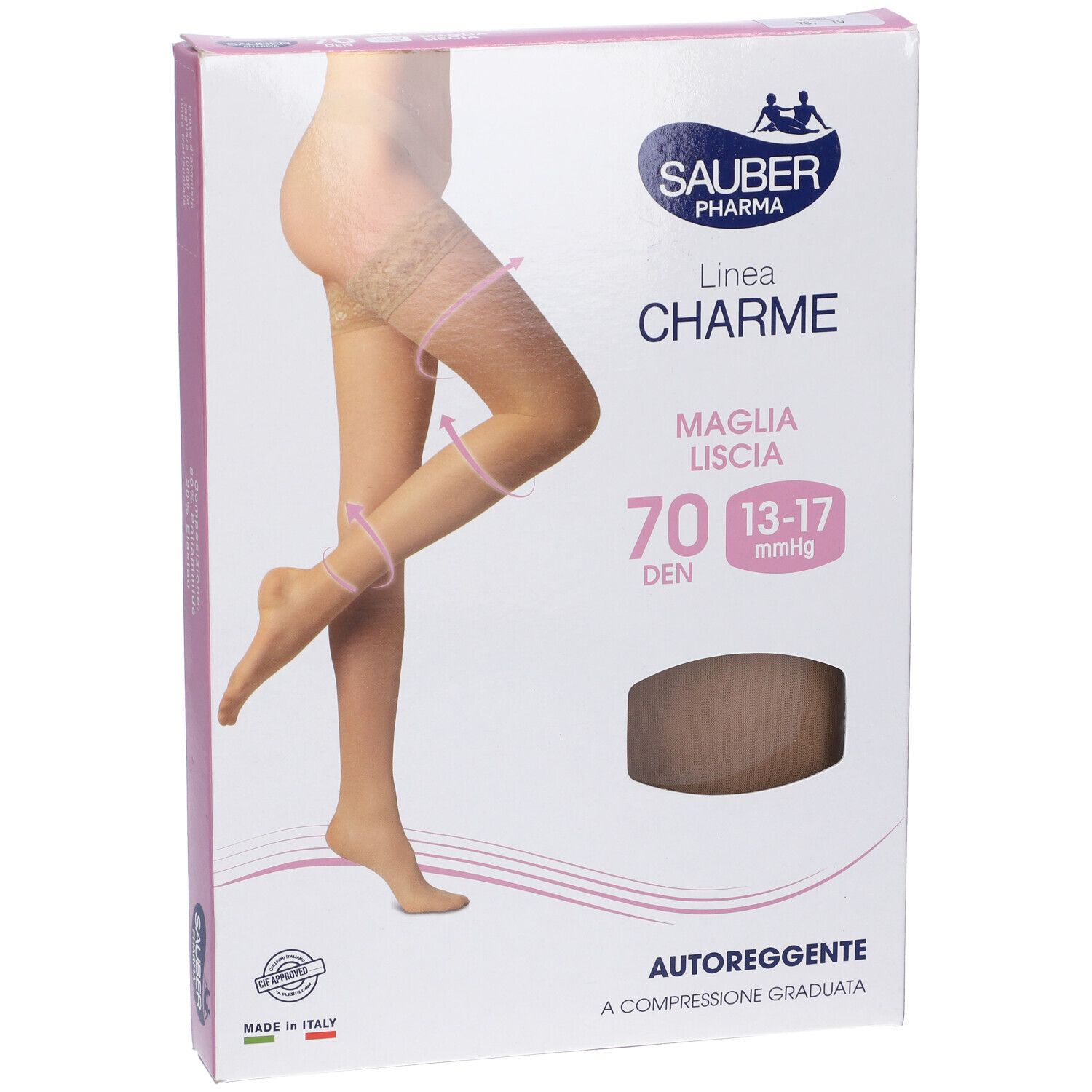 Confezione calze Sauber Pharma, linea Charme, modello Autoreggente Maglia Liscia 70 Den. Colore Camel. Immagine di calze.