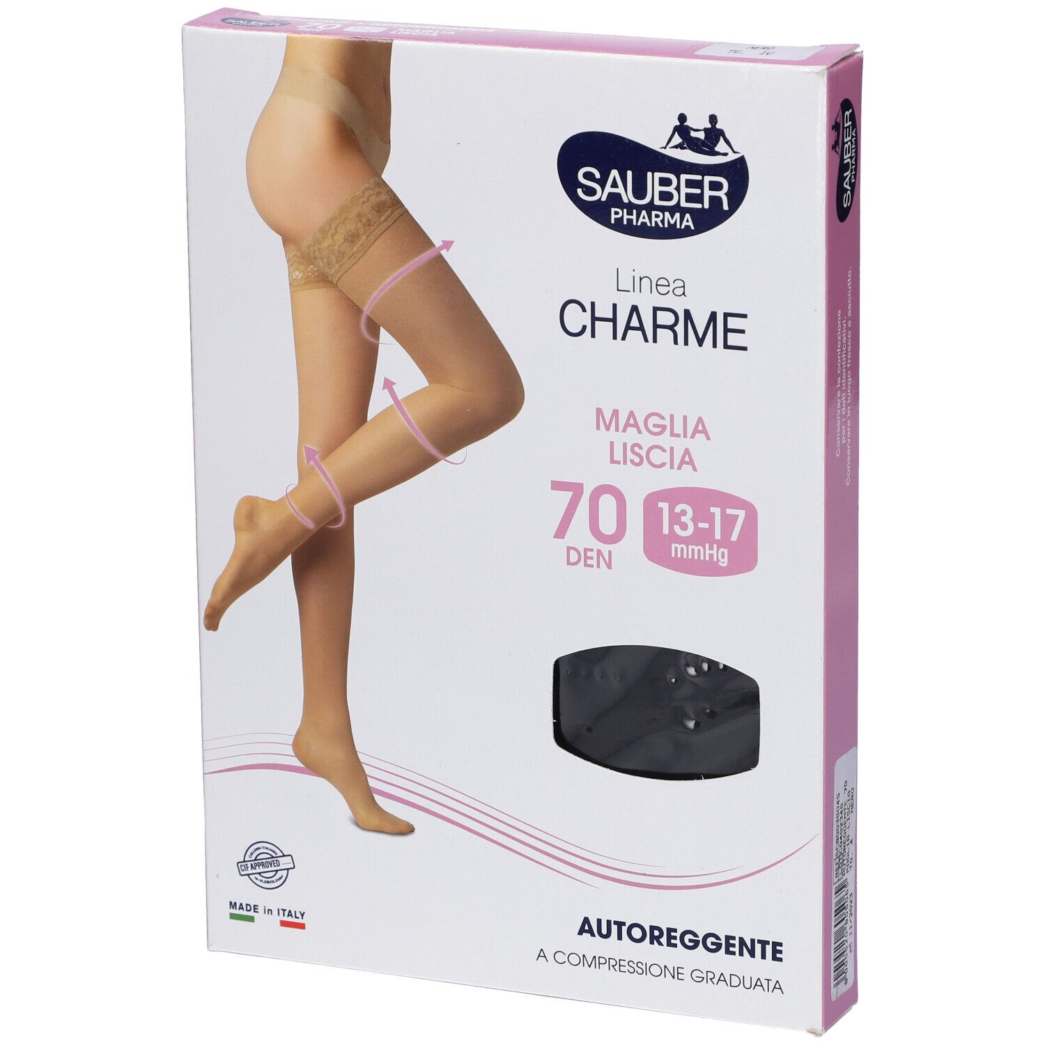 Vista laterale della confezione. Sauber Pharma Charme Maglia Liscia 70 Den. Testo e immagine di calze. Scritta Autoreggente.