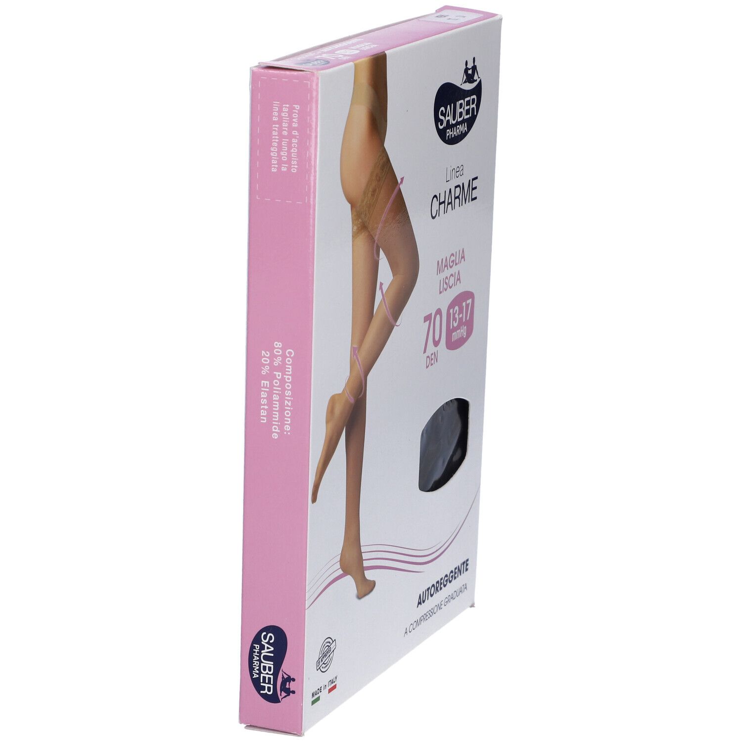 Vista laterale della confezione. Sauber Pharma Charme Maglia Liscia 70 Den. Testo e immagine di calze. Scritta Autoreggente.