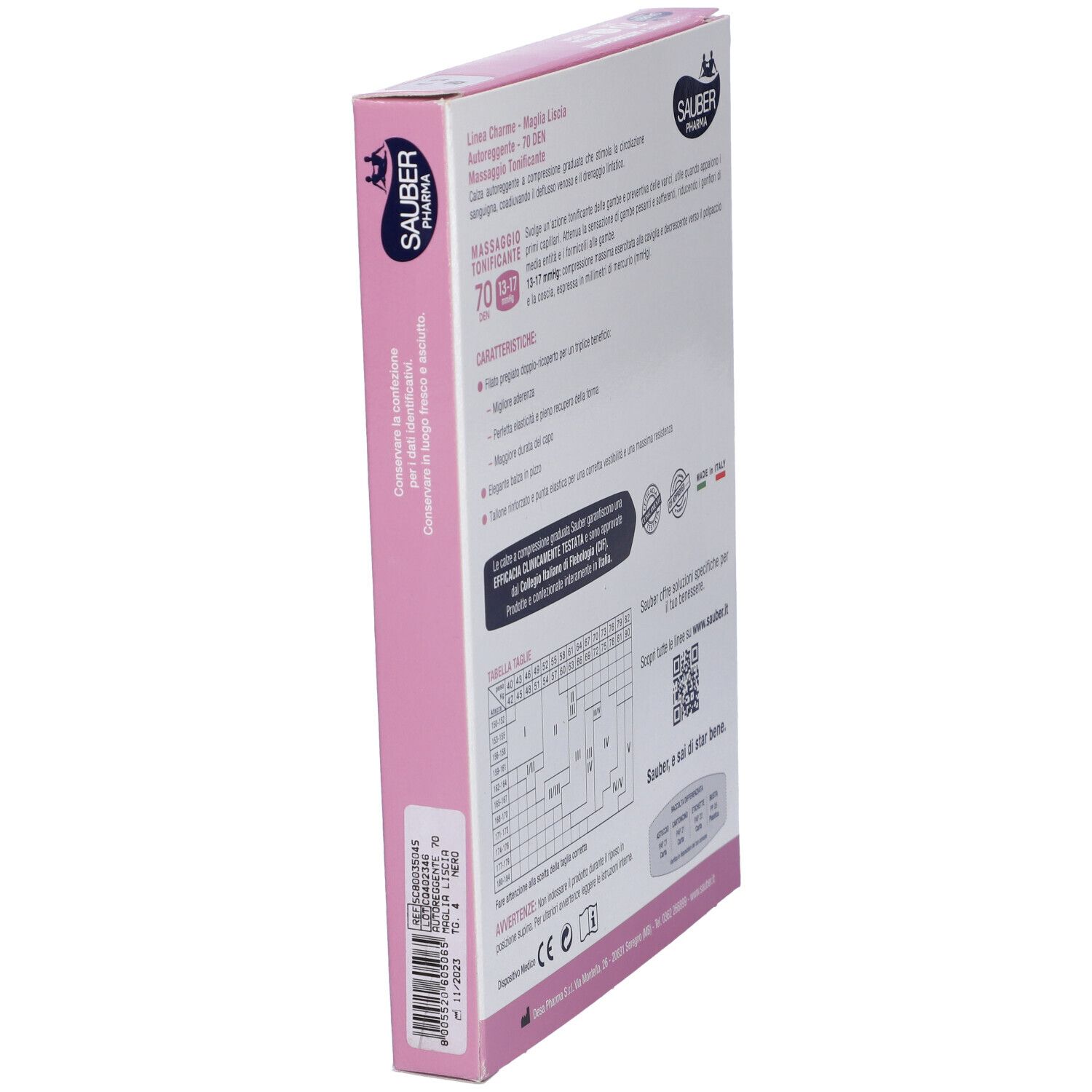 Vista laterale della confezione. Sauber Pharma. Informazioni prodotto, tabella taglie, codice QR. Prodotto in Italia.