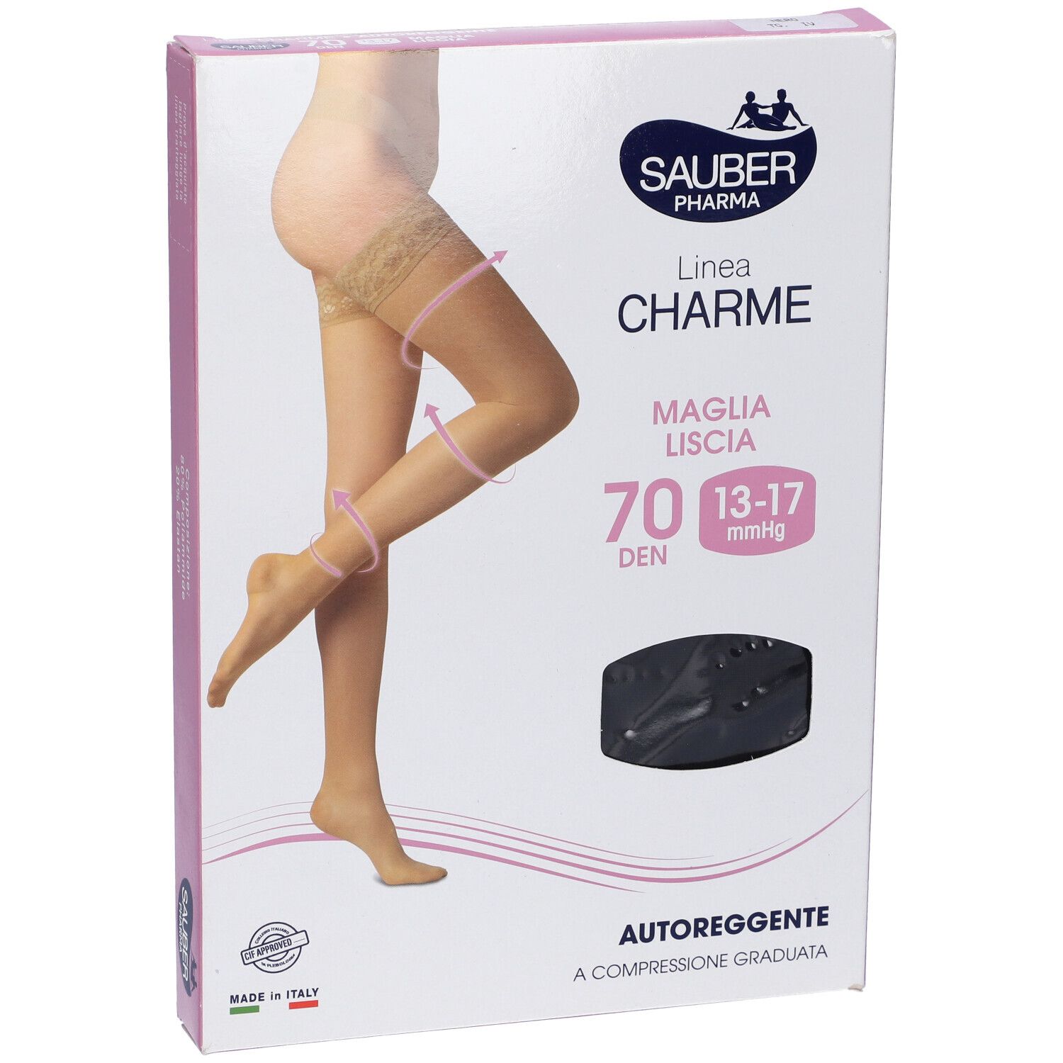 Confezione calze Sauber Pharma Charme Maglia Liscia 70 Den. Immagine di donna con calze. Scritta Autoreggente.