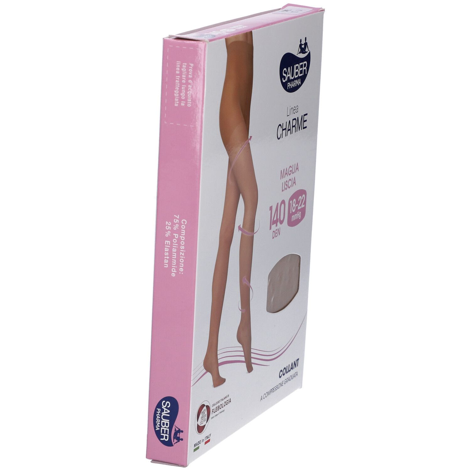 Confezione collant Sauber Pharma, linea Charme, 140 den, 18-22 mmHg. Lato con informazioni sul prodotto.